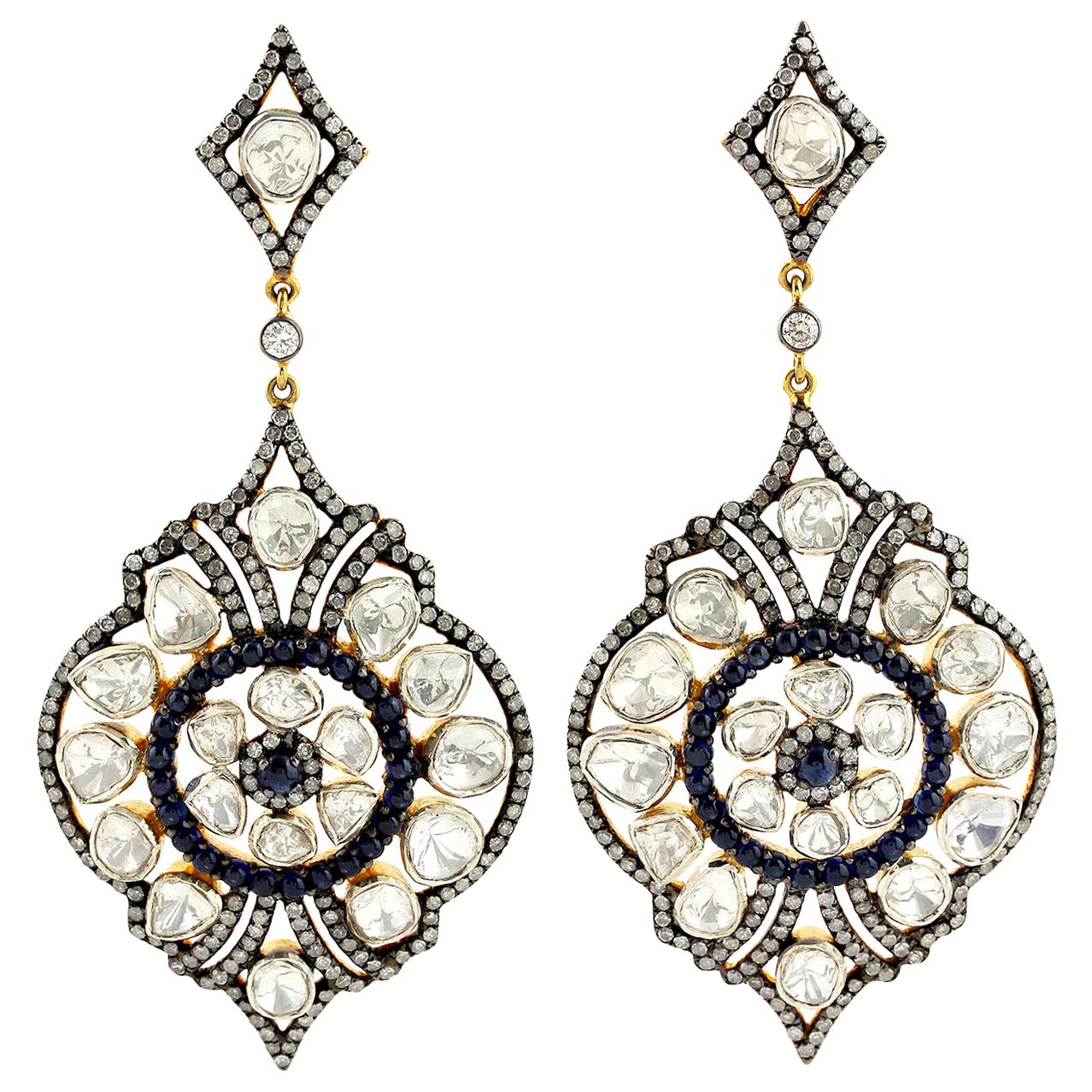 9.41 Rose Cut Diamond Sapphire Earrings