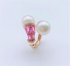 $9, 419 18KT Gold Rare Natural Pearl 6.50CT Pink Sapphire Diamond Crossover Ring