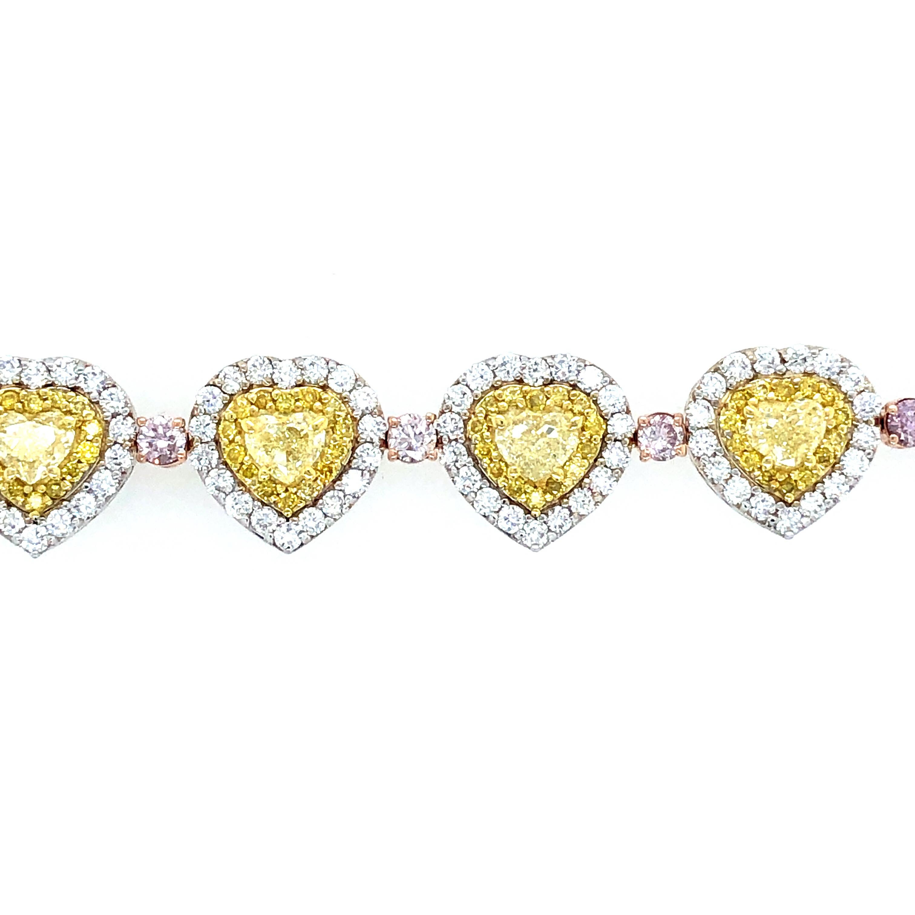 Heart Cut 9.41 Carat GIA Natural Yellow and Pink Diamonds Bracelet 18 Karat Gold