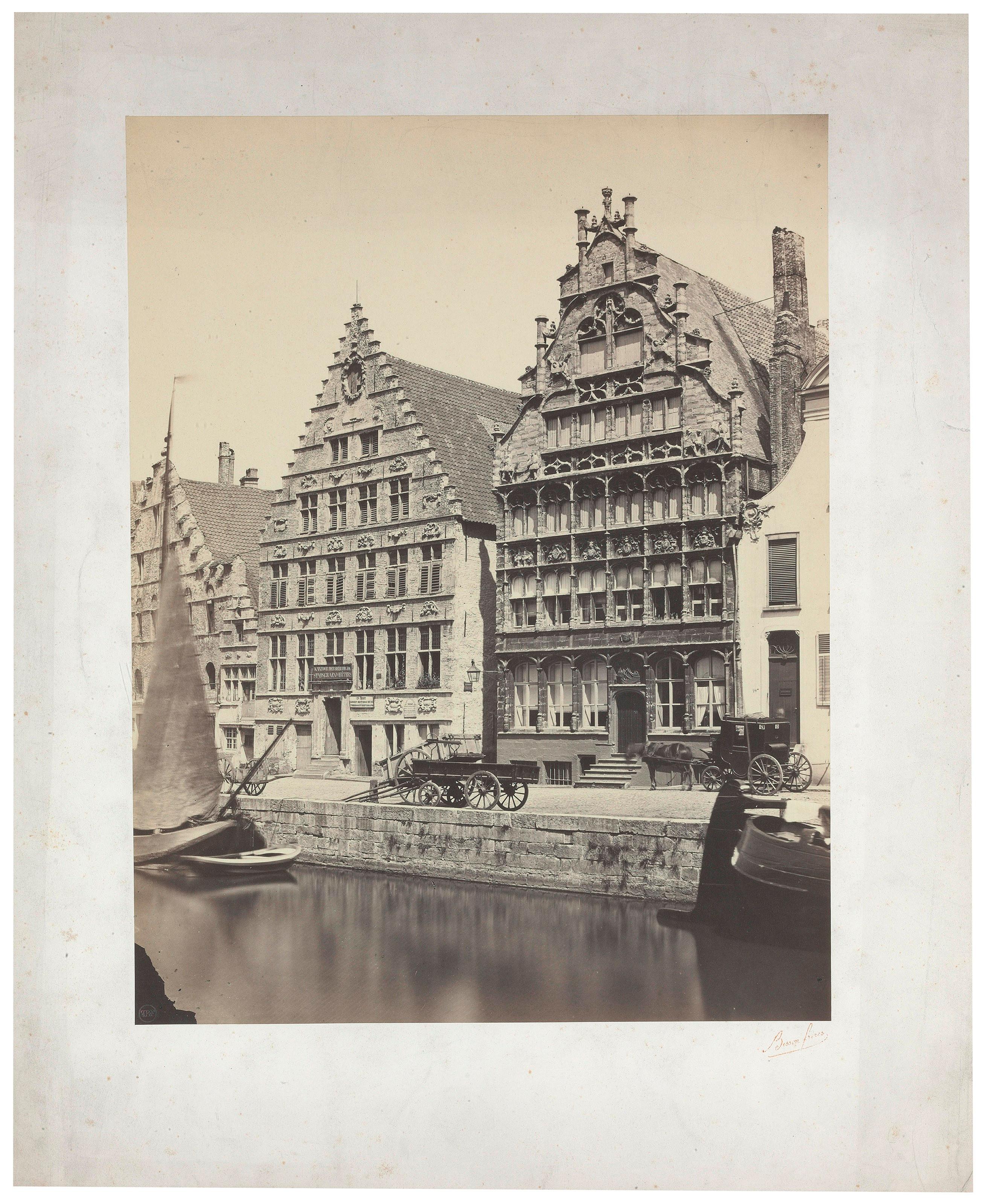 Bisson Frères Landscape Photograph - Architectural Images, Canal and Houses in Belgium, Europe, 1860s