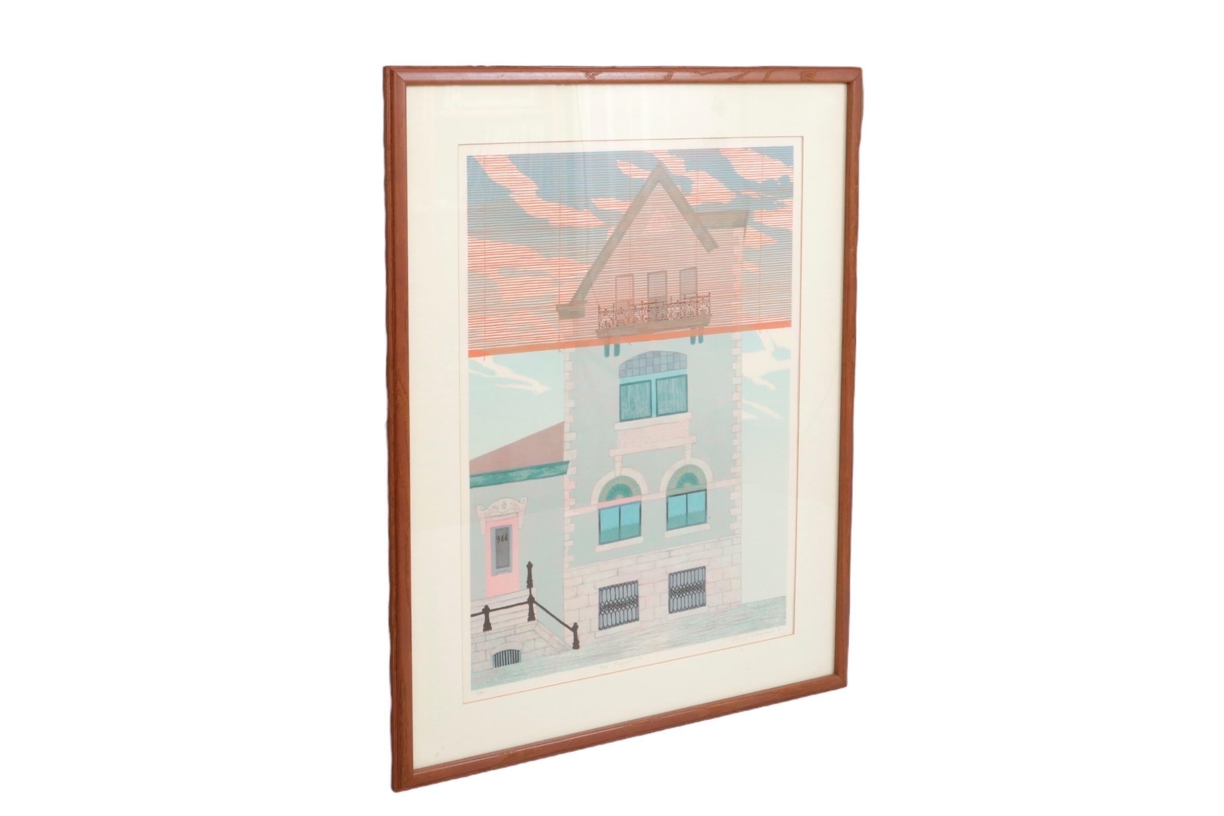 An original numbered lithograph on paper, titled ‘944 President Street’ by Shunji Sakuyama. Shows the facade of a Brooklyn house in fine detail. Numbered 19/25 in the lower left, titled in the middle and signed and dated ‘81 in the lower right