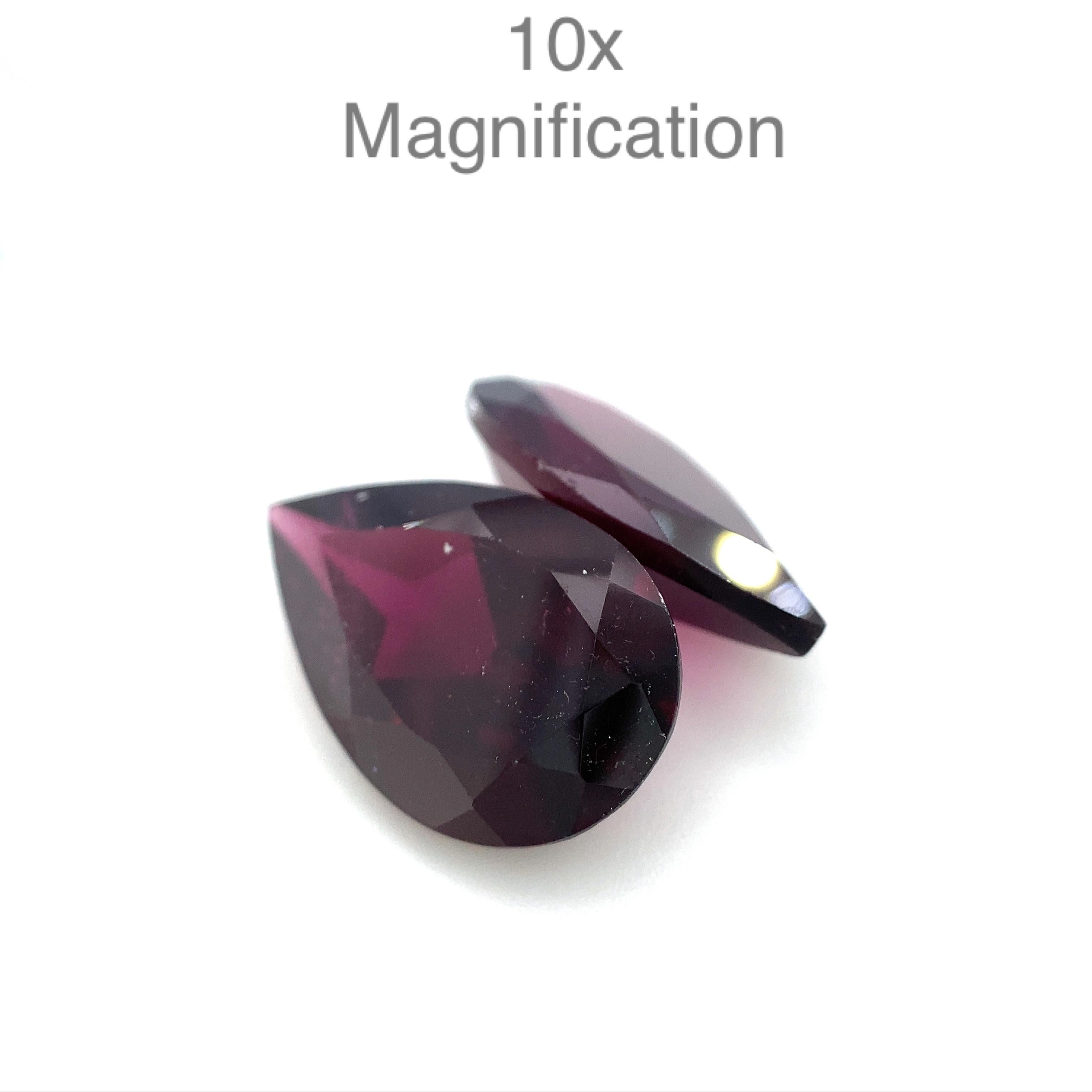 Description:

 

Gem Type: Rhodolite Garnet
Number of Stones: 2
Weight: 9.44 cts
Measurements: 14.00x9.00x5.2.00 mm
Shape: Pear
Cutting Style Crown: Modified Brilliant Cut
Cutting Style Pavilion: Brilliant
Transparency: Transparent
Clarity: Very