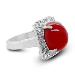 9.45 Carat Japanese Red Coral White Diamond Solitaire PT 900 Ring