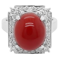 9.45 Carat Japanese Red Coral White Diamond Solitaire PT 900 Ring