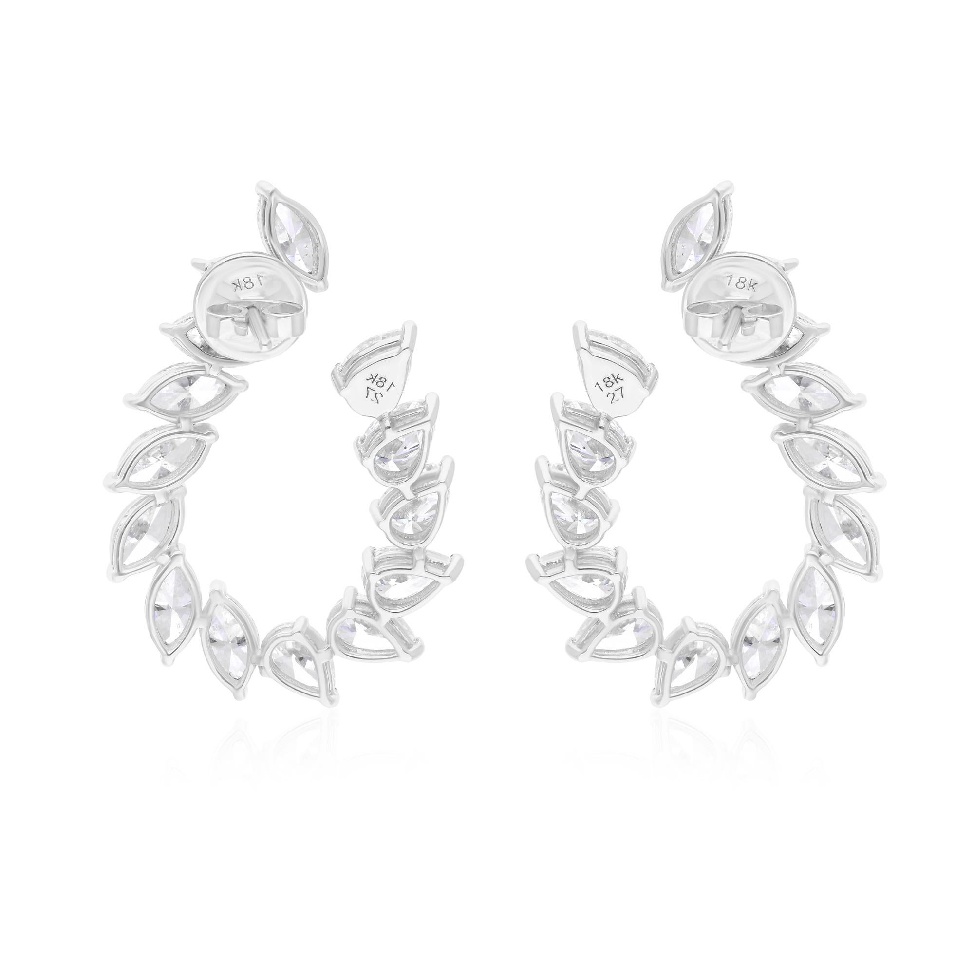 Pear Cut Natural 9.45 Carat SI/H Pear Marquise Diamond Hoop Earrings 18 Karat White Gold For Sale