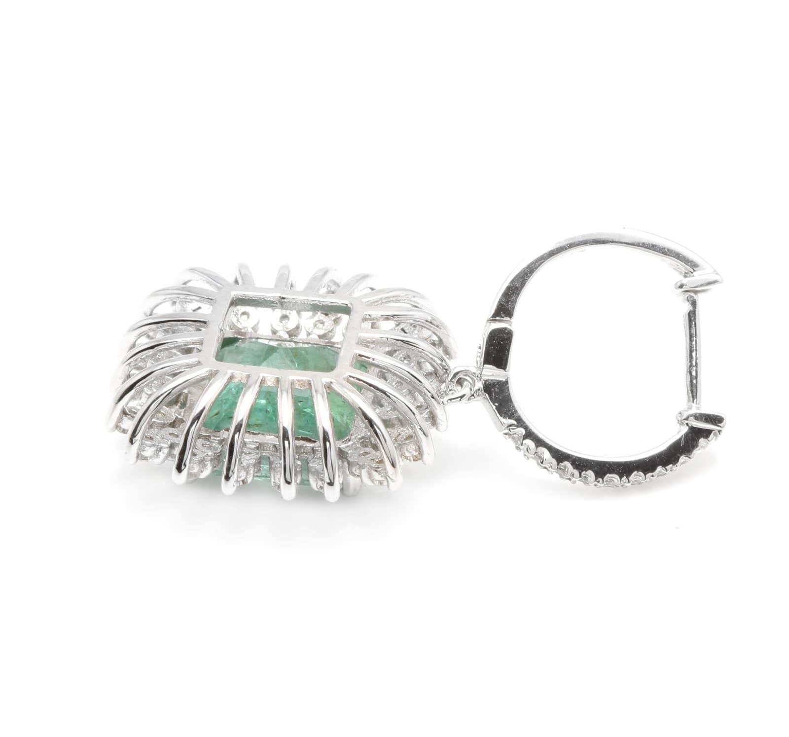 Mixed Cut 9.45 Carats Natural Emerald and Diamond 14K Solid White Gold Earrings For Sale