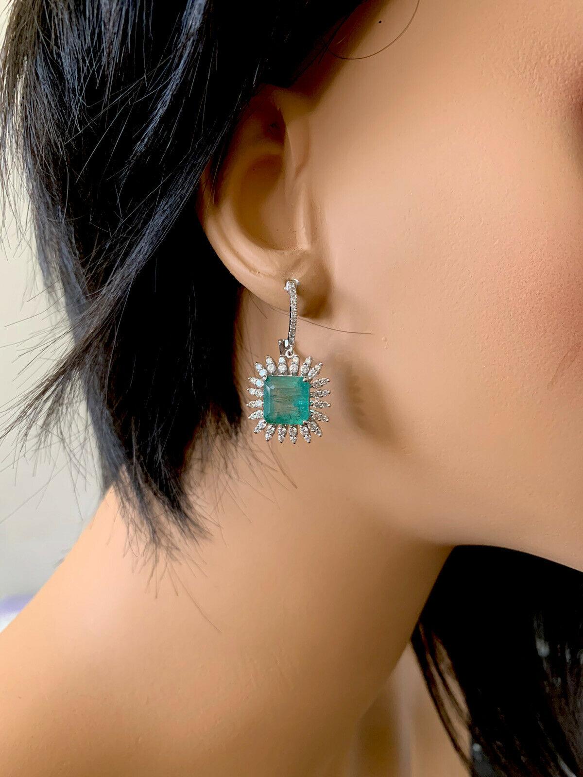 Women's 9.45 Carats Natural Emerald and Diamond 14K Solid White Gold Earrings For Sale
