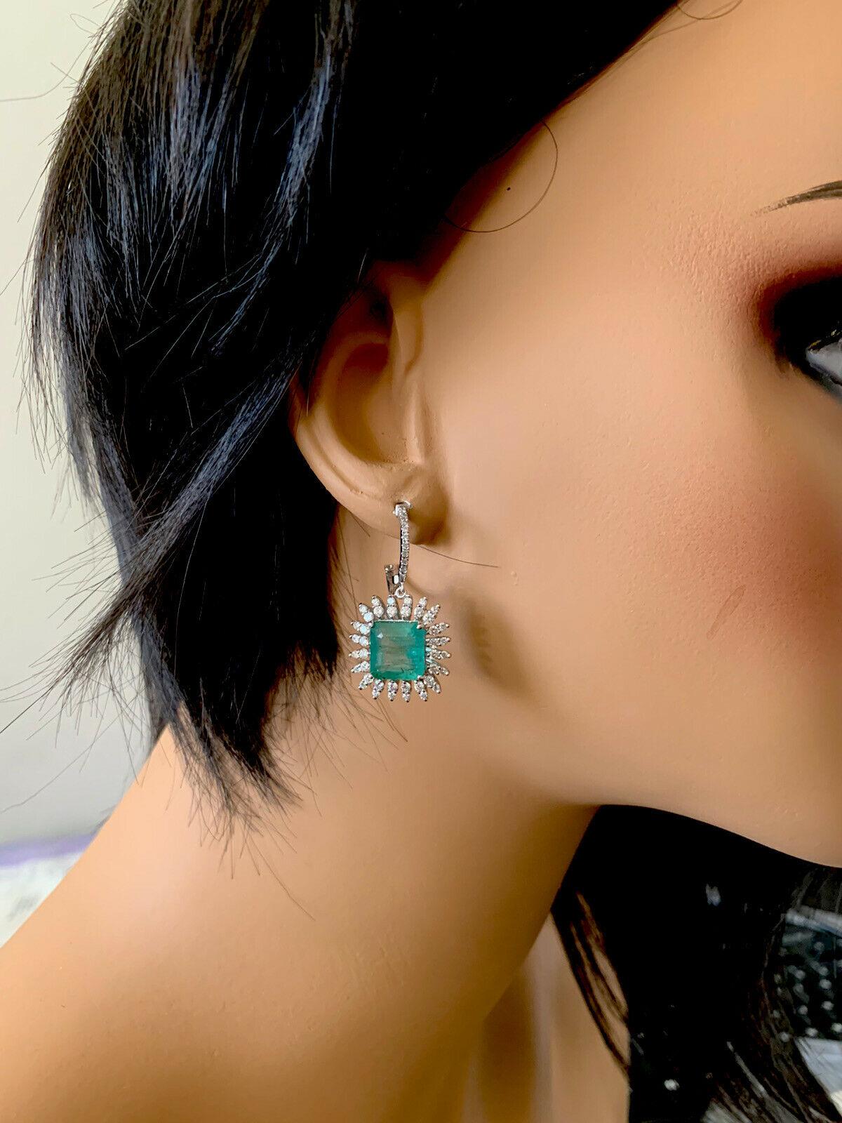 9.45 Carats Natural Emerald and Diamond 14K Solid White Gold Earrings For Sale 1