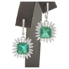 9.45 Carats Natural Emerald and Diamond 14K Solid White Gold Earrings