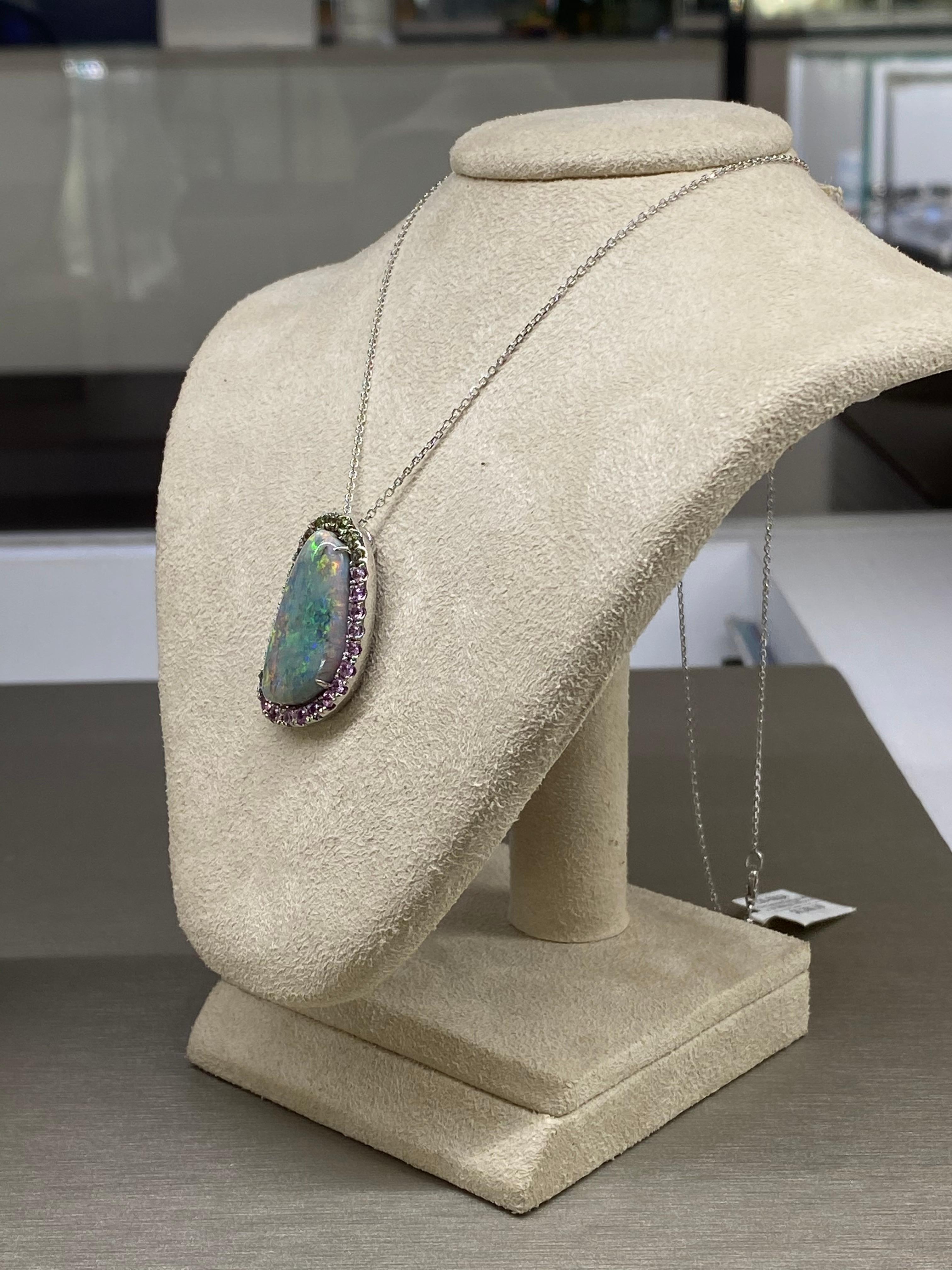 9.45ct Australian Grey Opal, 1.20ct Green/Pink Sapphire Pendant, 18kt White Gold In New Condition In Houston, TX