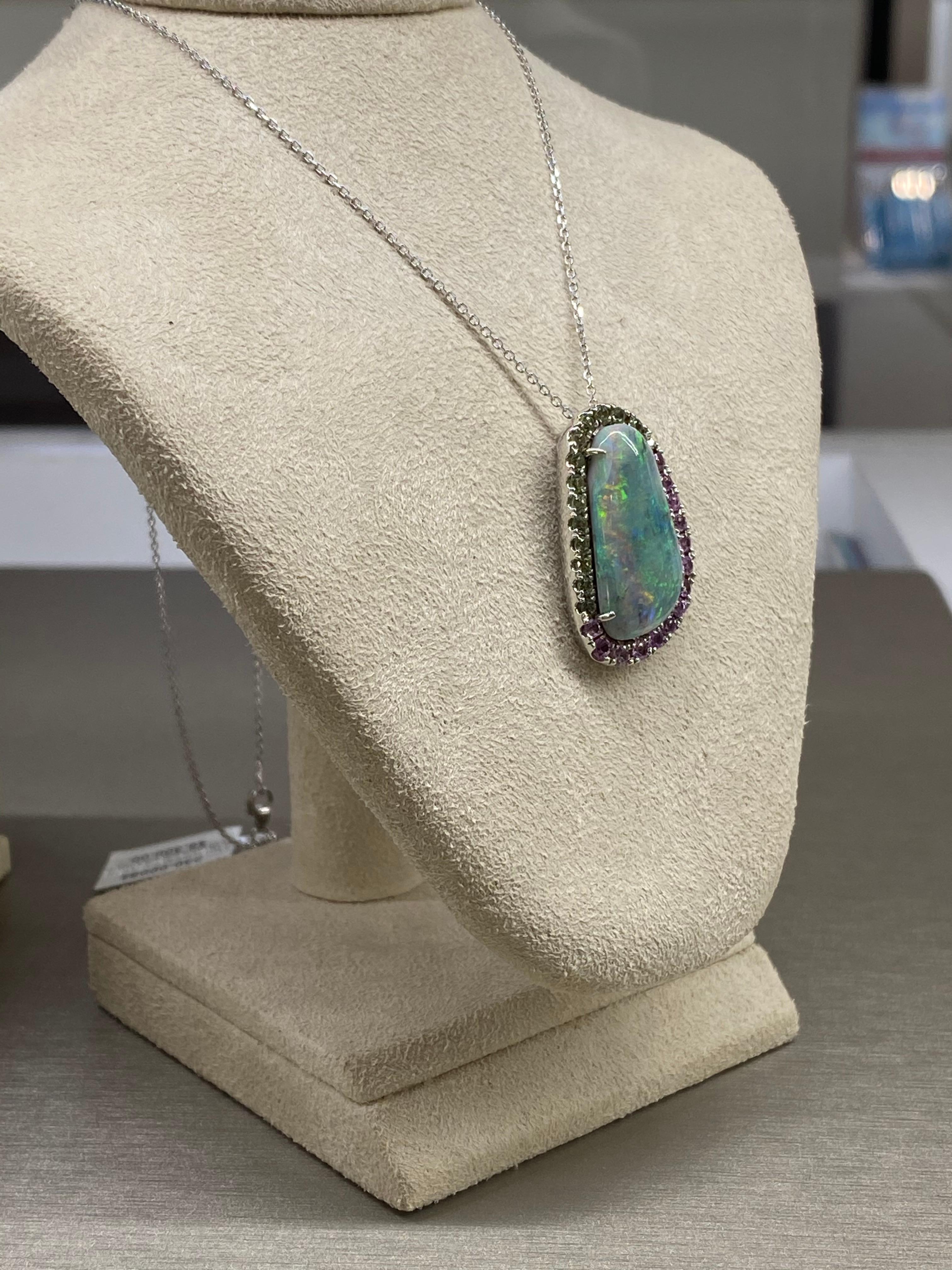 Women's or Men's 9.45ct Australian Grey Opal, 1.20ct Green/Pink Sapphire Pendant, 18kt White Gold