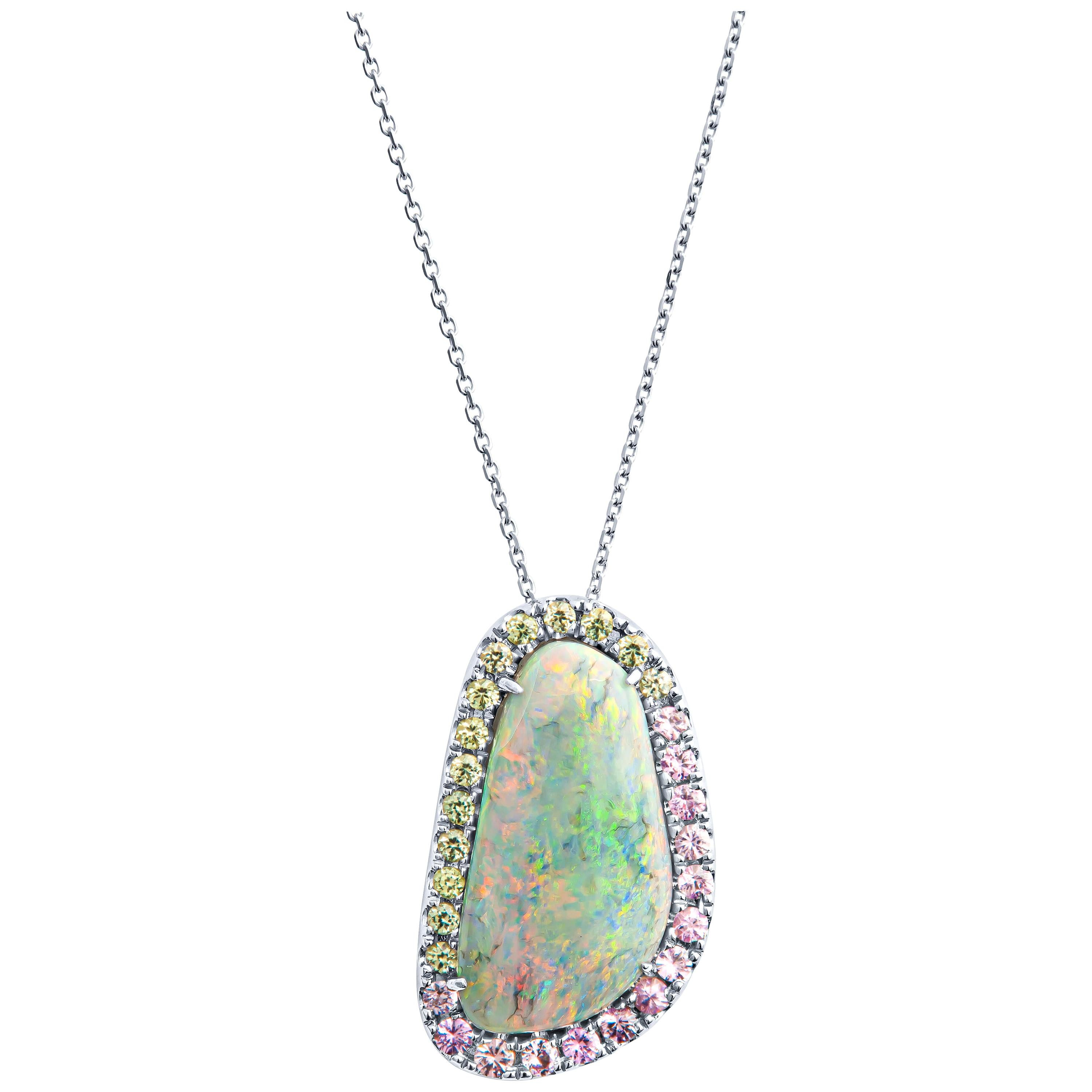 9.45ct Australian Grey Opal, 1.20ct Green/Pink Sapphire Pendant, 18kt White Gold