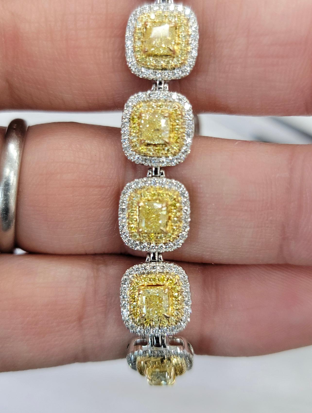9 Carat Fancy Yellow Cushion Double Halo Diamond Bracelet In New Condition For Sale In New York, NY