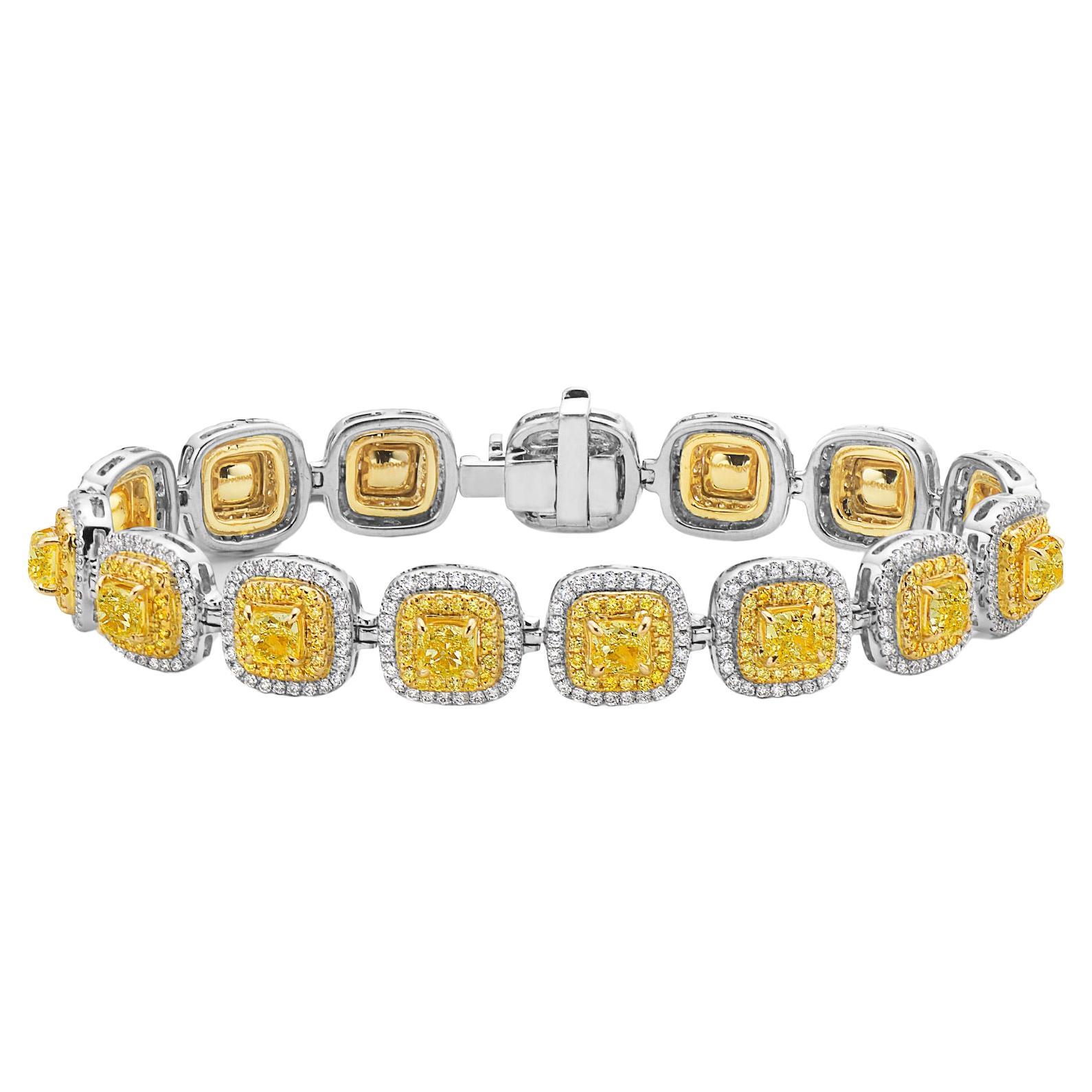 9 Carat Fancy Yellow Cushion Double Halo Diamond Bracelet For Sale