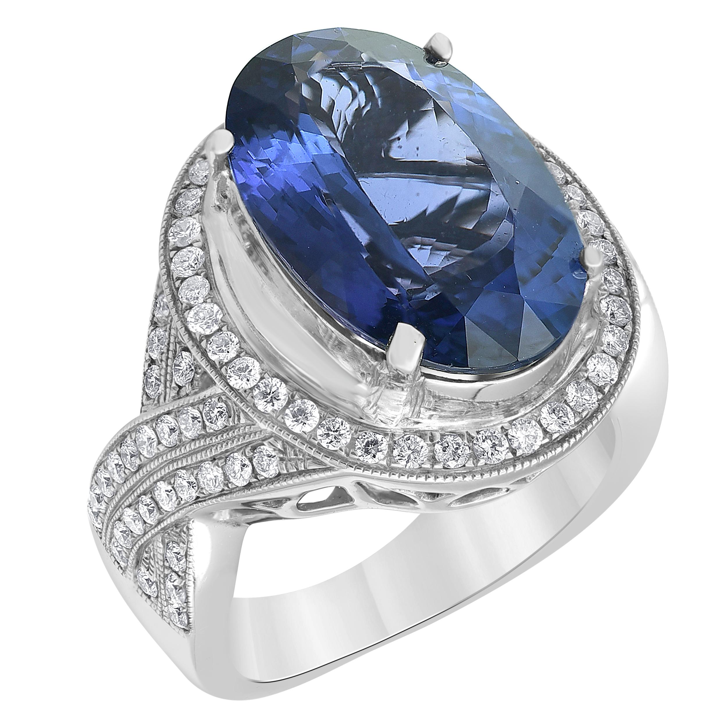 Modern 9.45CT Oval Shape Tanzanite Ring Engagement Ring 14K Solid White Gold For Sale