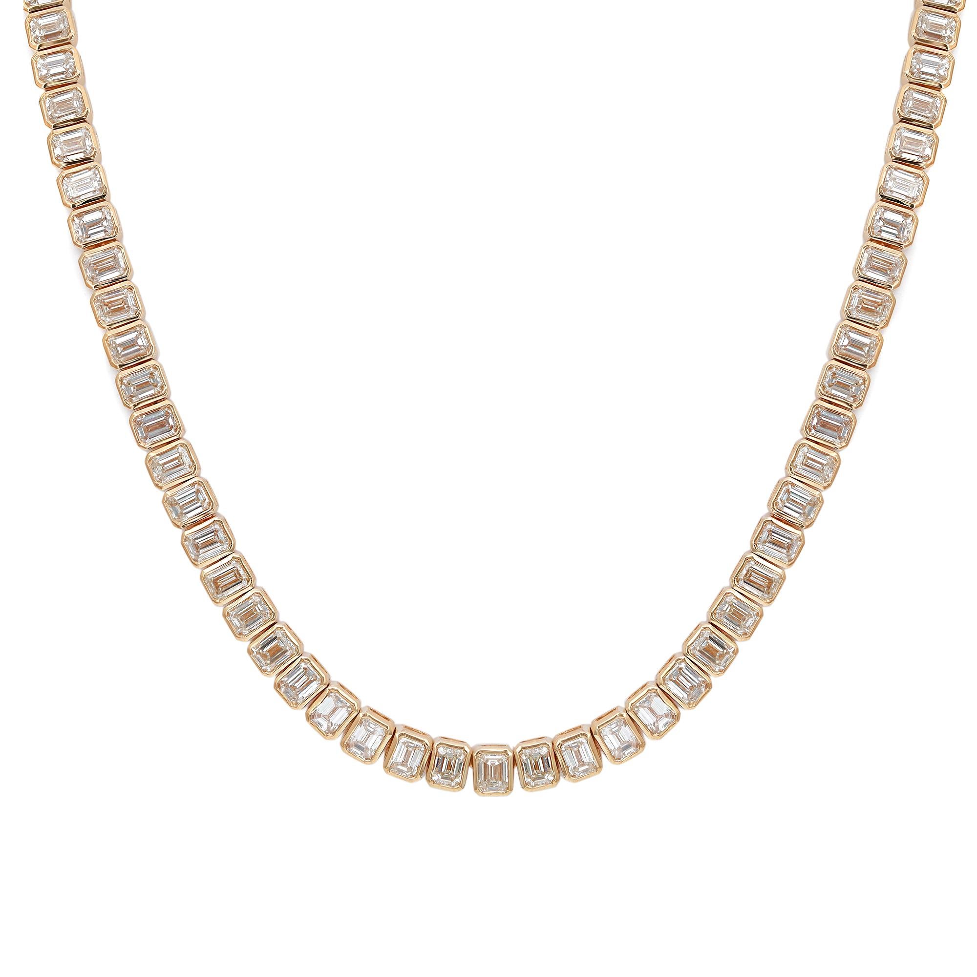 9,46 Karat Smaragdschliff Diamant-Tennis-Halskette aus 18 Karat Gelbgold mit Lünettenfassung  Damen im Angebot