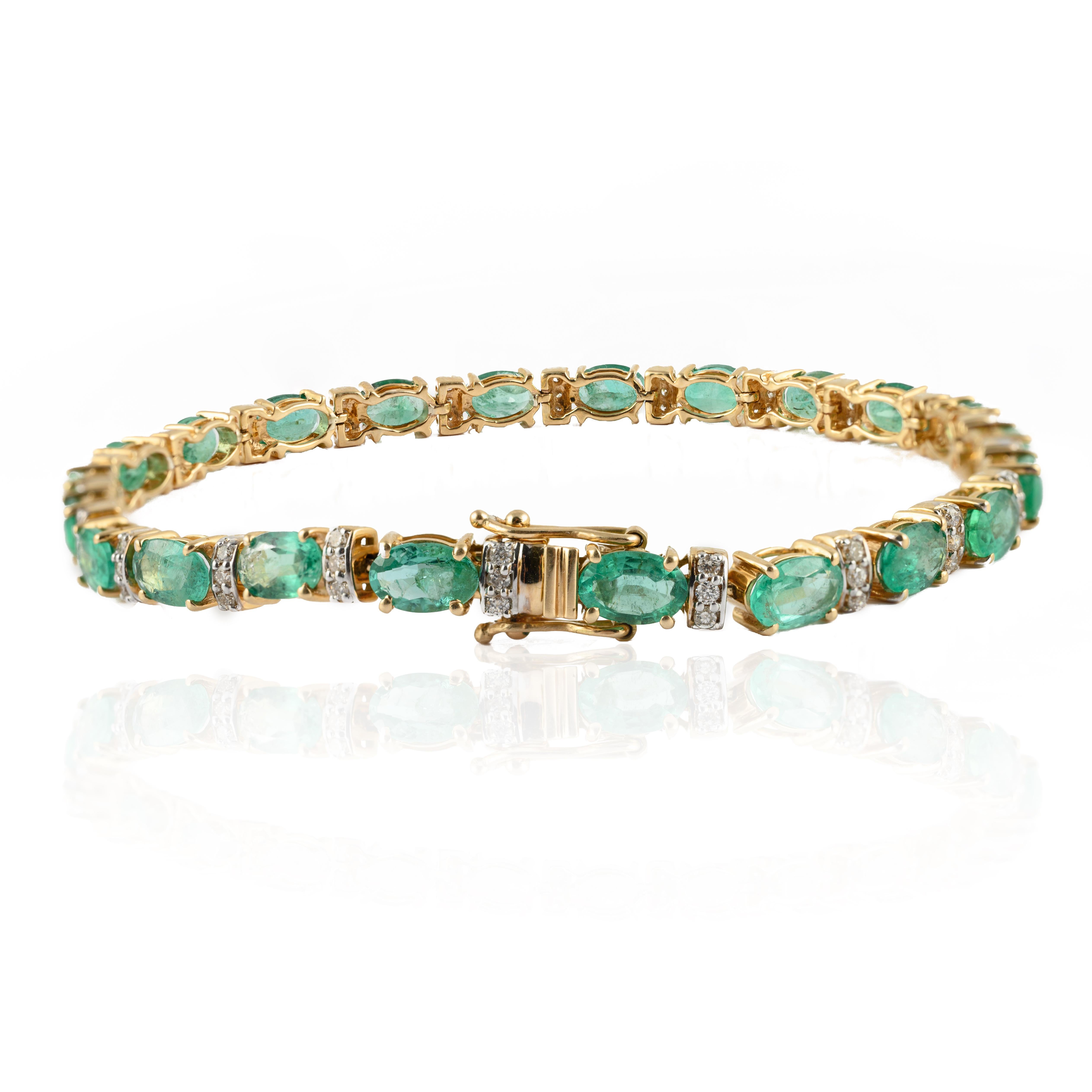 This Emerald Diamond Tennis Bracelet in 14K gold showcases 22 endlessly sparkling natural emerald, weighing 9.46 carat and 66 pieces of diamonds weighing 0.59 carat. It measures 7.5 inches long in length. 
Emerald enhances intellectual capacity of