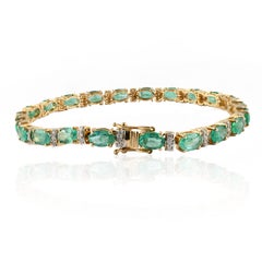 9.46 Carats Natural Green Emerald and Diamond Tennis Bracelet 14k Yellow Gold