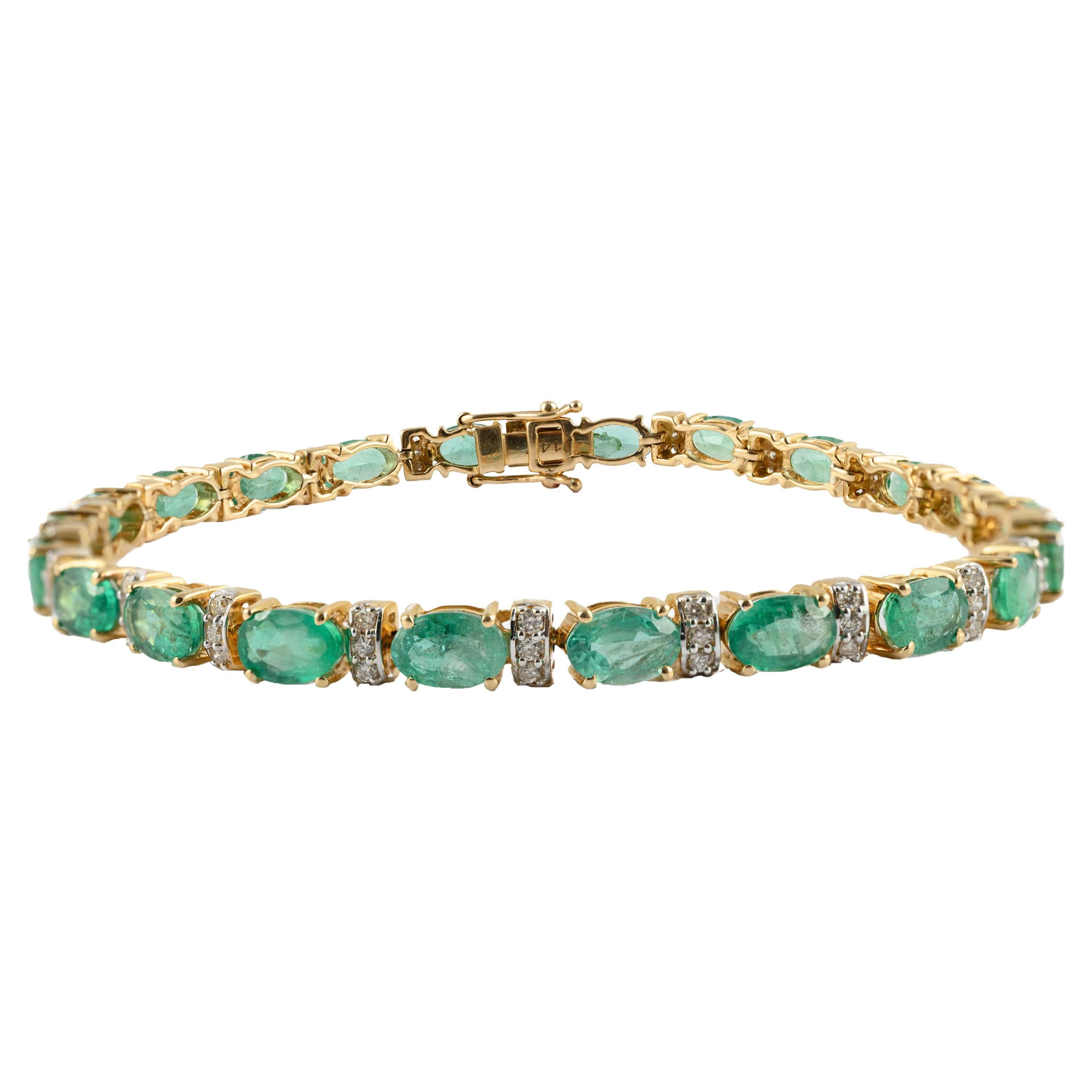 9.46 Carats Natural Green Emerald and Diamond Tennis Bracelet 14k Yellow Gold For Sale