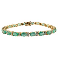 9.46 Carats Natural Green Emerald and Diamond Tennis Bracelet 14k Yellow Gold