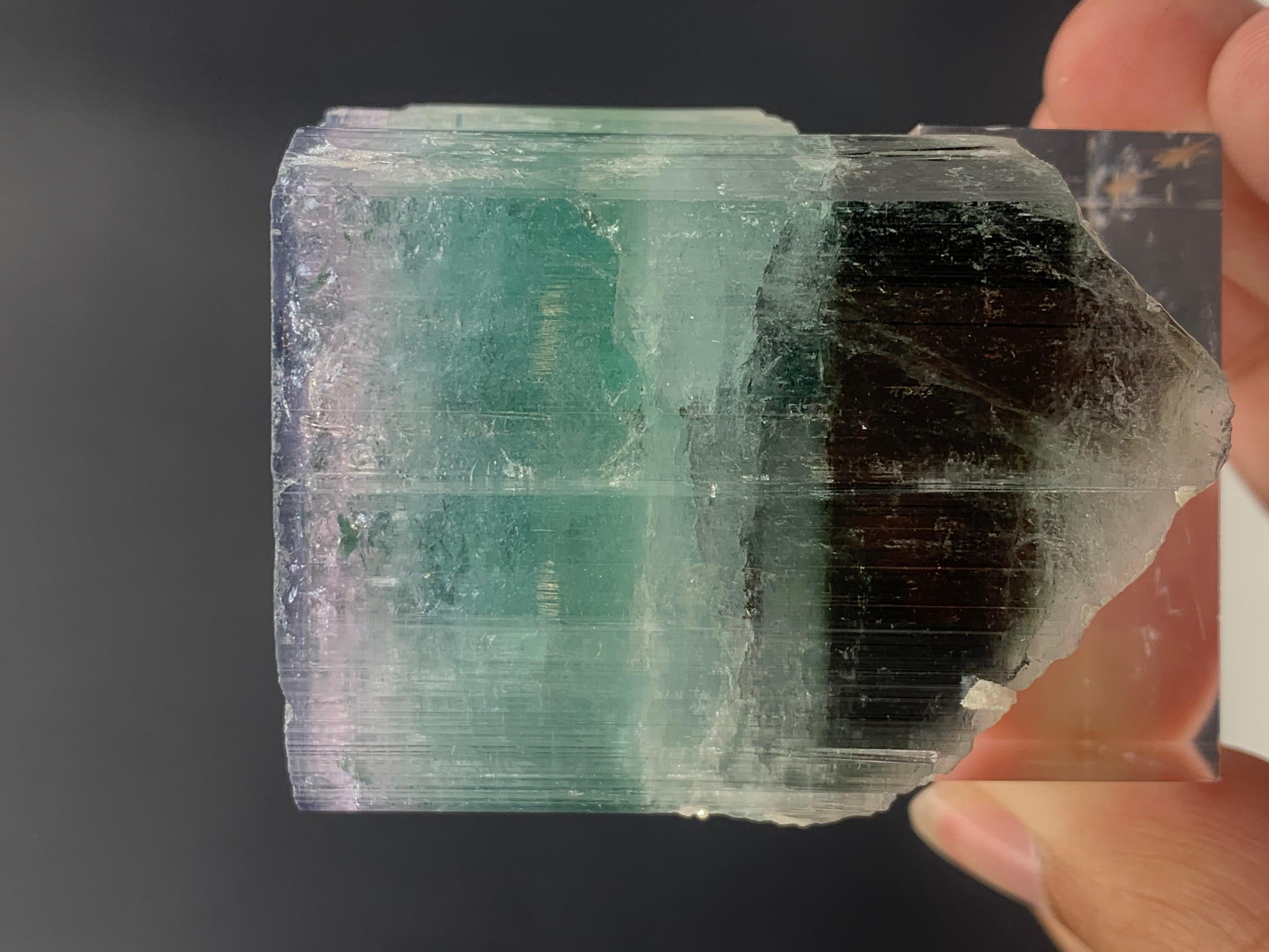 Precioso cristal de turmalina tricolor de Afganistán 
PESO: 95,68 gramos 
DIMENSIONES: 5,2 x 4,8 x 3,9 Cm
ORIGEN: Kunar, Afganistán
COLOR: Negro, espuma de mar y rosa 
TRATAMIENTO: Ninguno

La turmalina es una piedra preciosa muy popular; el