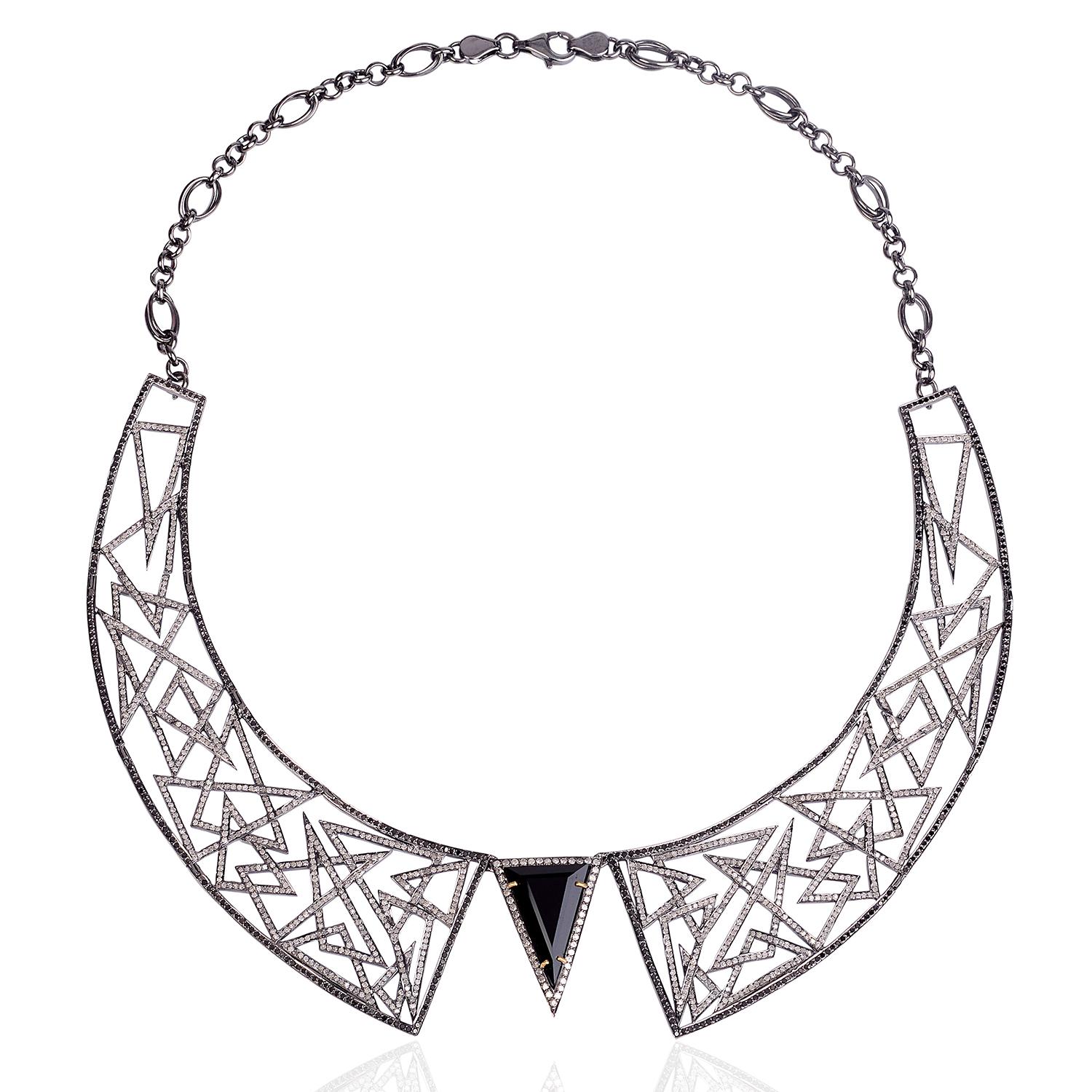 Contemporary 9.47 Carat Diamond Onyx Abstract Statement Necklace For Sale