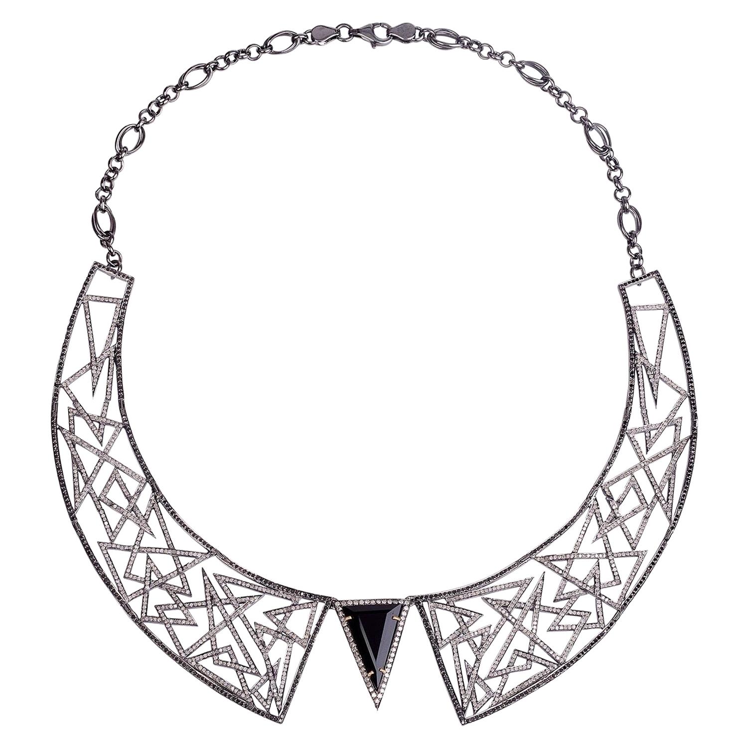 9.47 Carat Diamond Onyx Abstract Statement Necklace For Sale