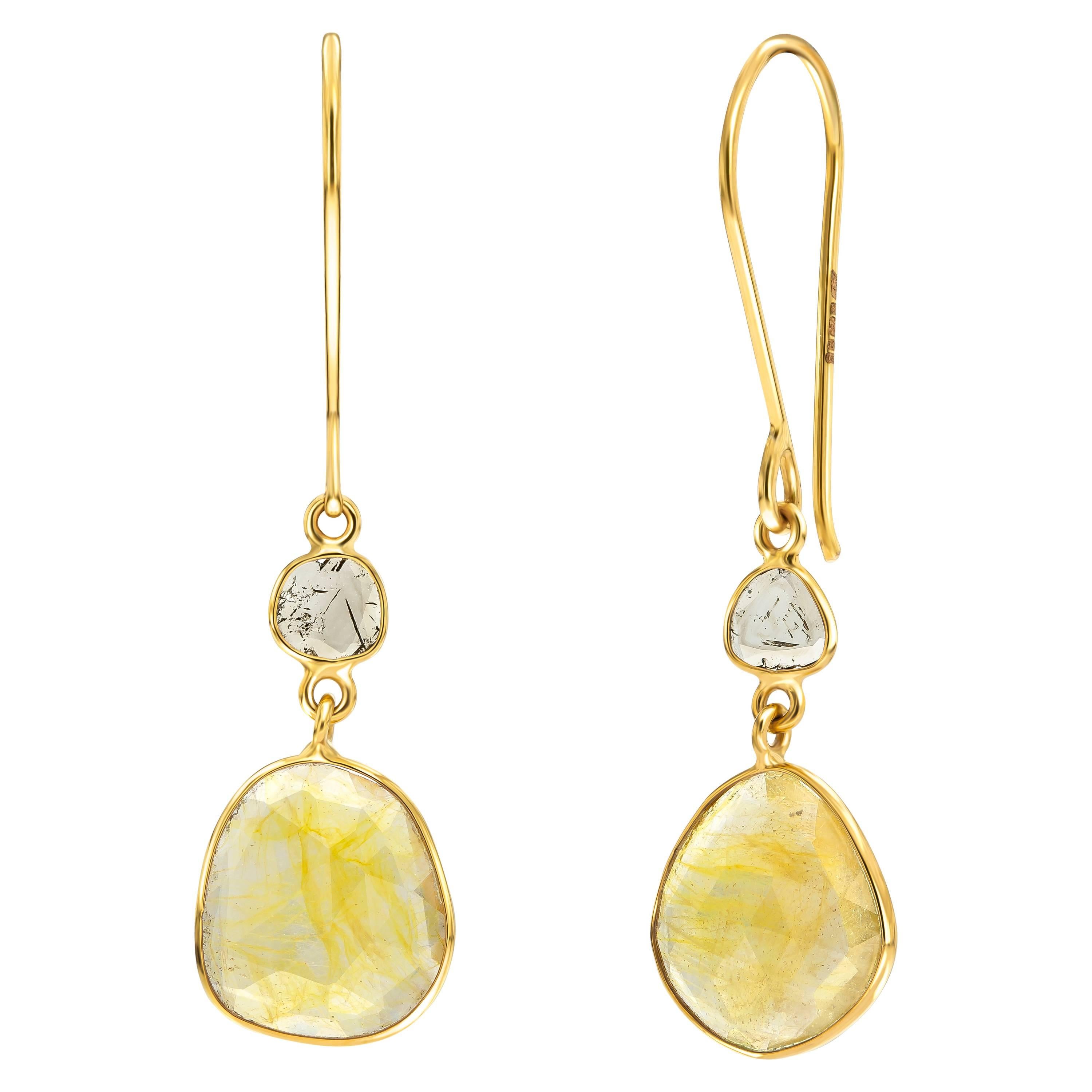Boucles d'oreilles artisanales en or jaune 18 KT avec saphirs taille rose de 9,47 carats et diamants 
