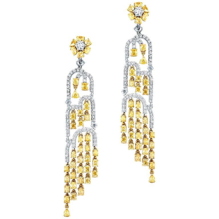 Cushion Cut 9.47 Carat Total in White and Yellow Diamonds, Waterfall Earrings For Sale