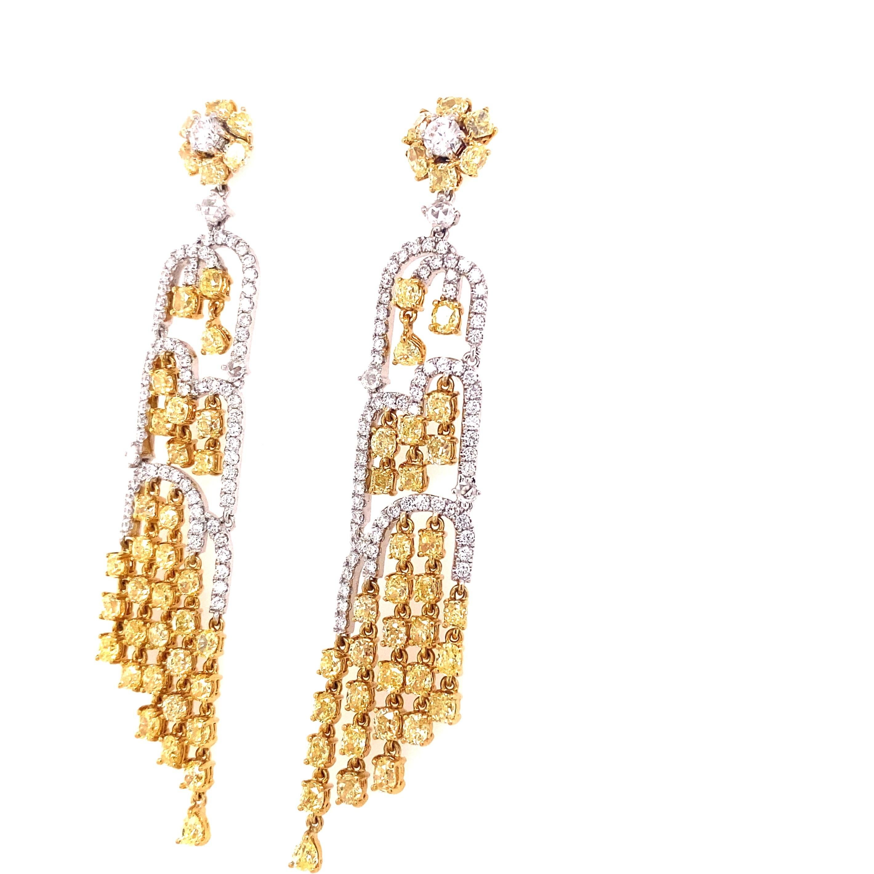 Women's or Men's 9.47 Carat Total in White and Yellow Diamonds, Waterfall Earrings For Sale