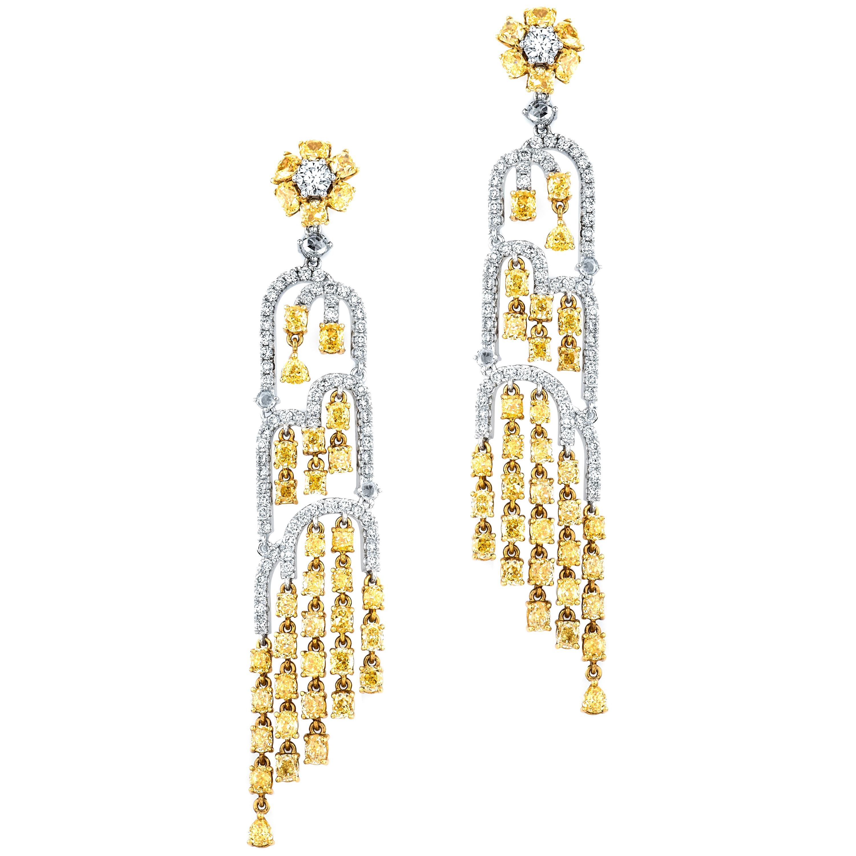 9.47 Carat Total in White and Yellow Diamonds, Waterfall Earrings For Sale
