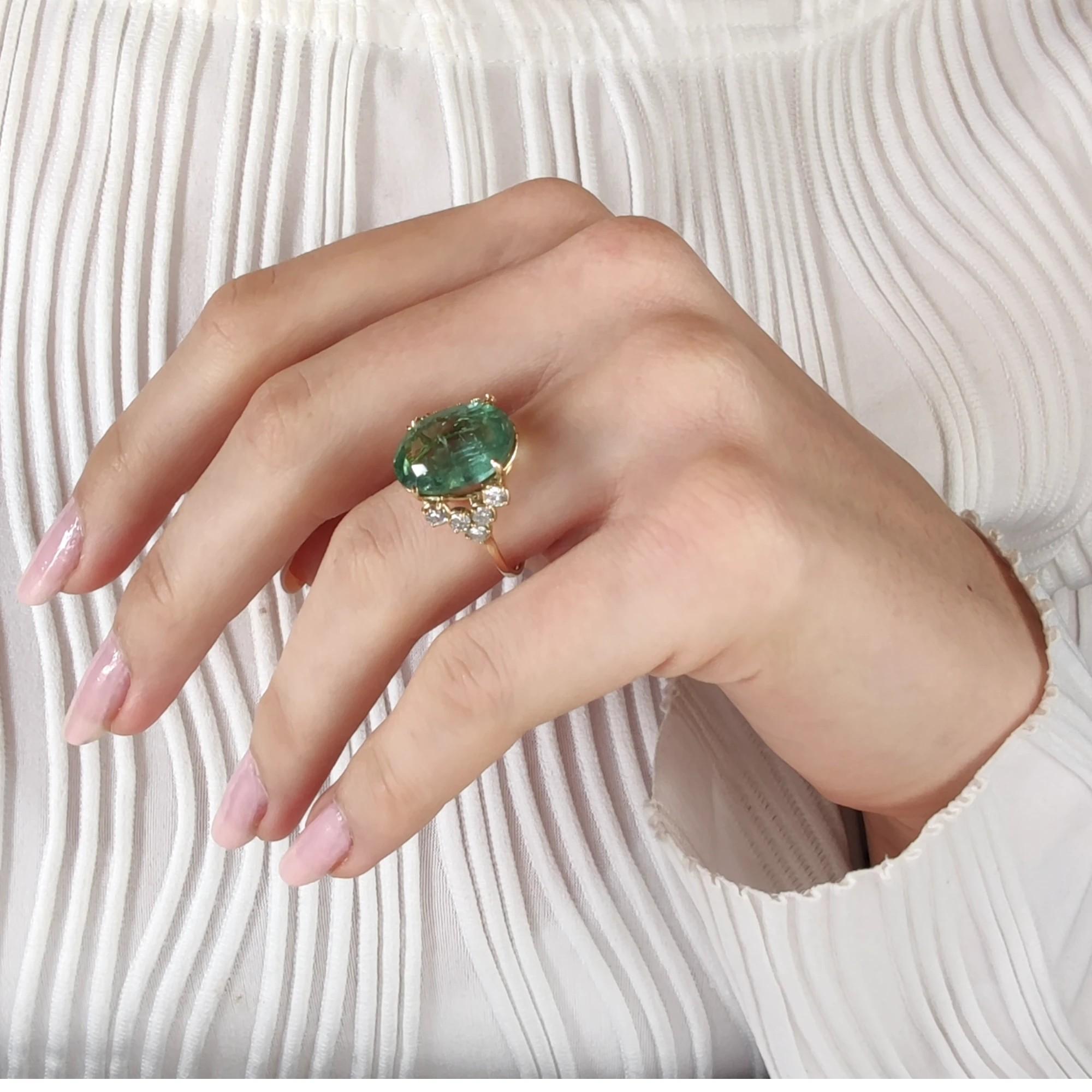 Contemporary 9.47ct Green Tourmaline Diamond Ring 14K Gold Oval Brilliant Cut IGE Certified