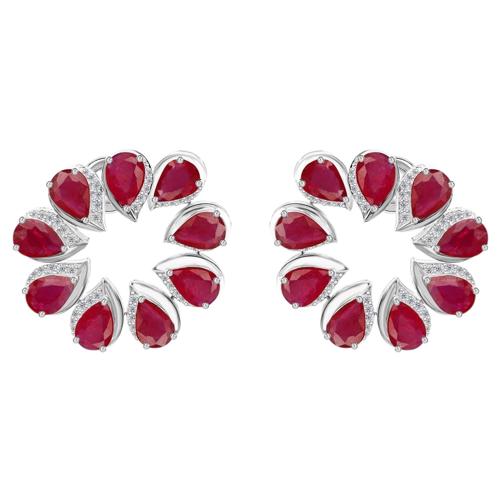 Pear Cut Ruby Diamond Cocktail Earrings 9.48 Ct 18k White Gold July Birthstone For Sale