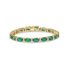 9.48 Ct Oval Green Emerald & Diamond Bracelet 14K Yellow Gold Luxurious &Elegant