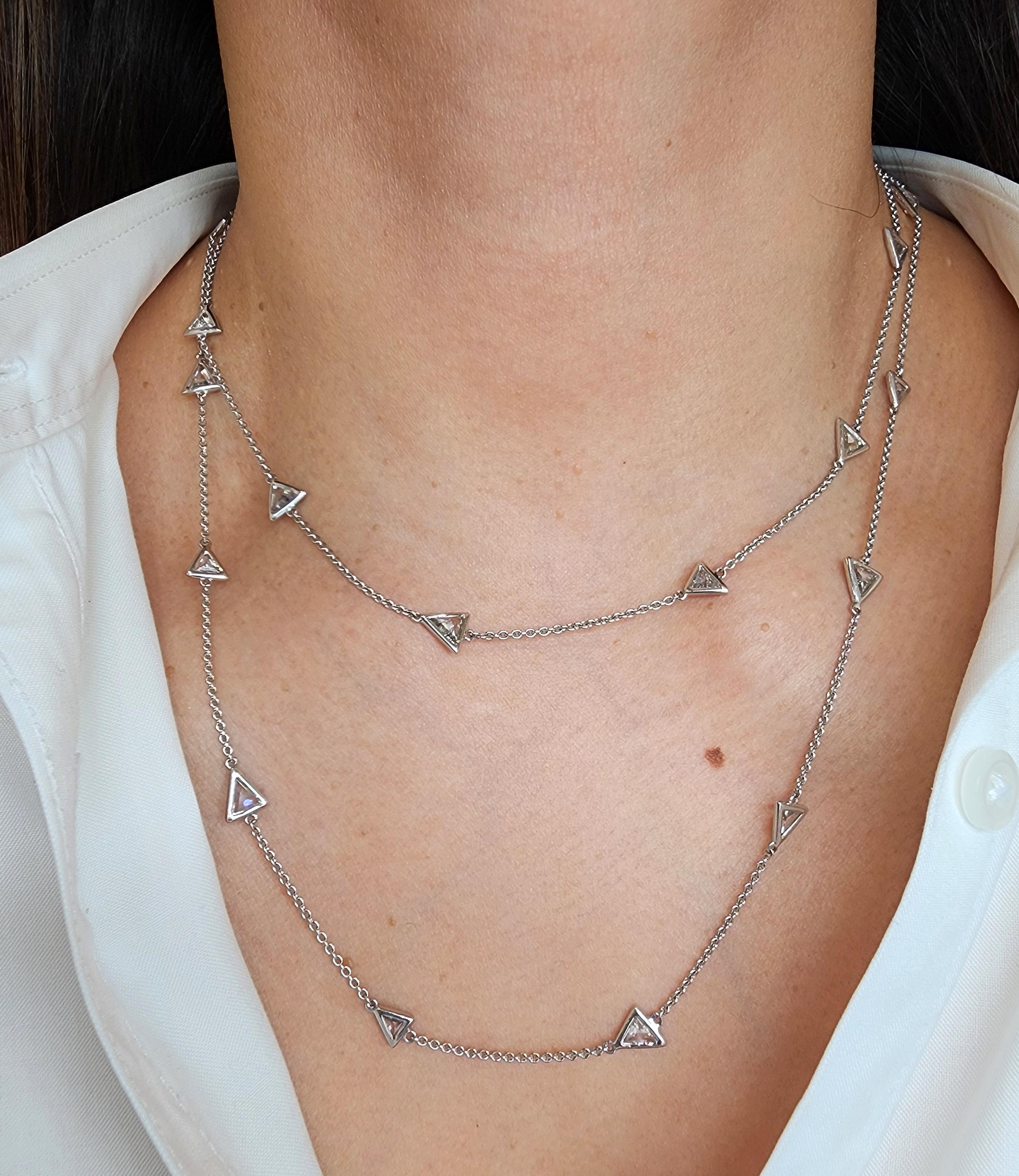 This gorgeous diamond by the yard necklace features 23 trillions that are G/H in color and VS in clarity. 32 inches in length and 18k, this necklace can be worn doubled or as a long necklace.