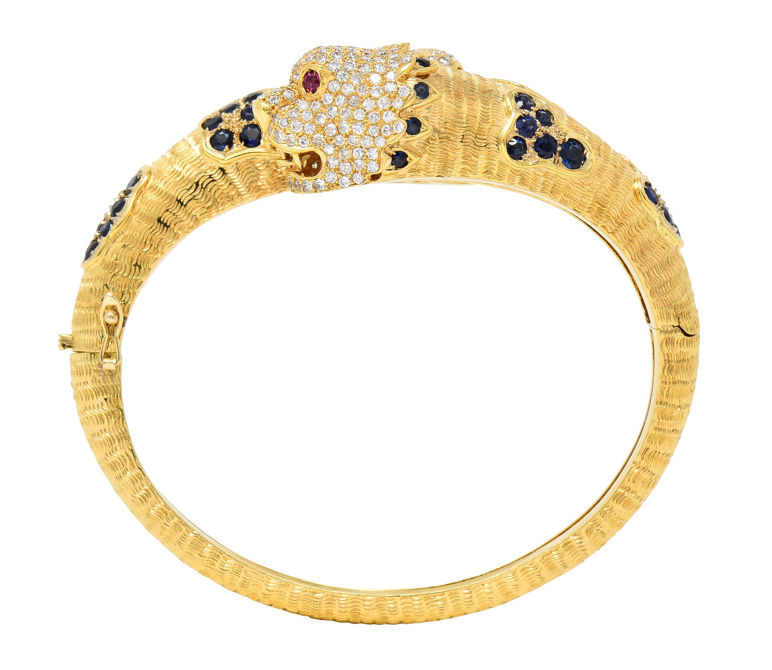 9.48 CTW Sapphire Ruby Diamond 18 Karat Yellow Gold Lion-Head Vintage Bracelet 5