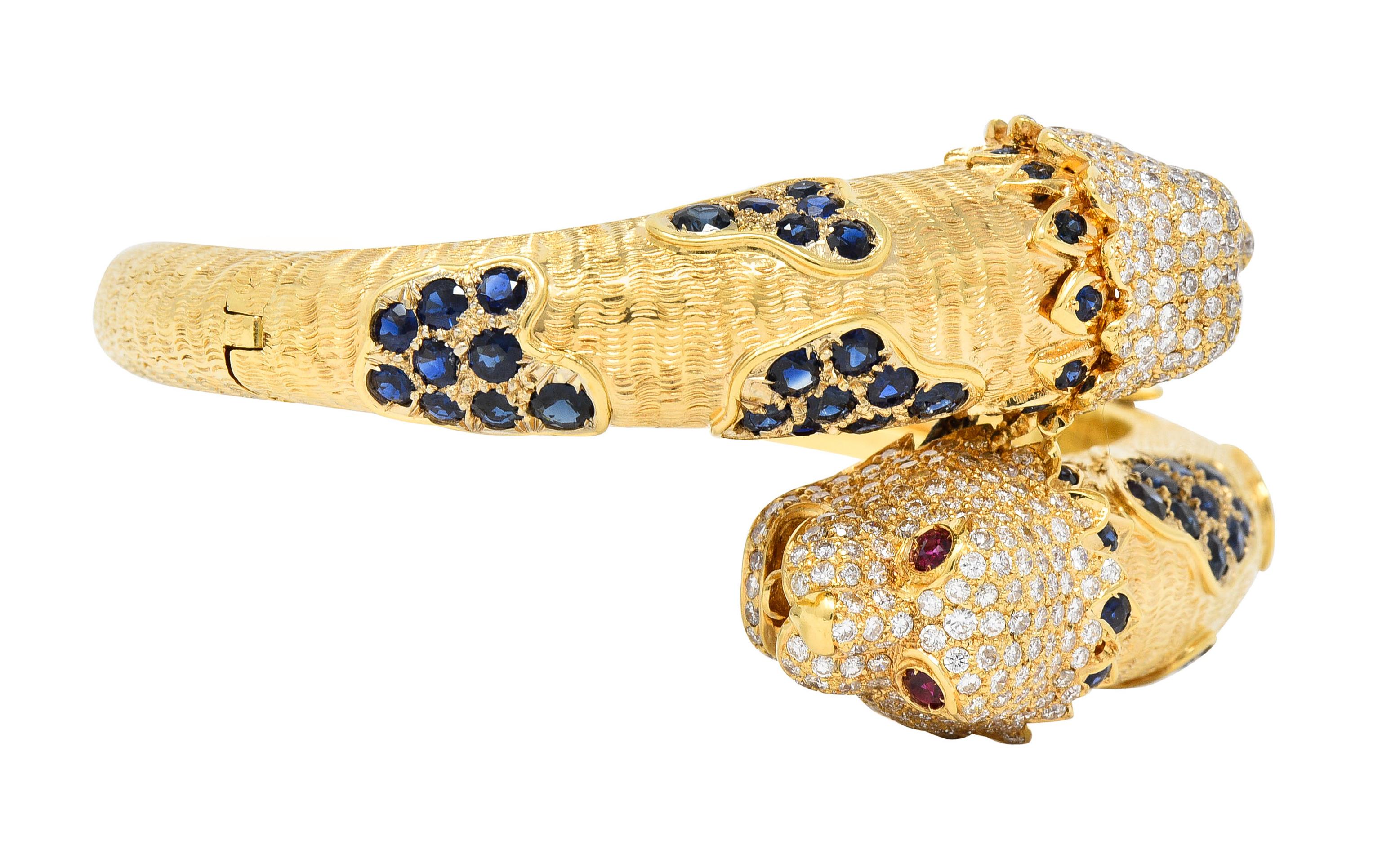 Modern 9.48 CTW Sapphire Ruby Diamond 18 Karat Yellow Gold Lion-Head Vintage Bracelet