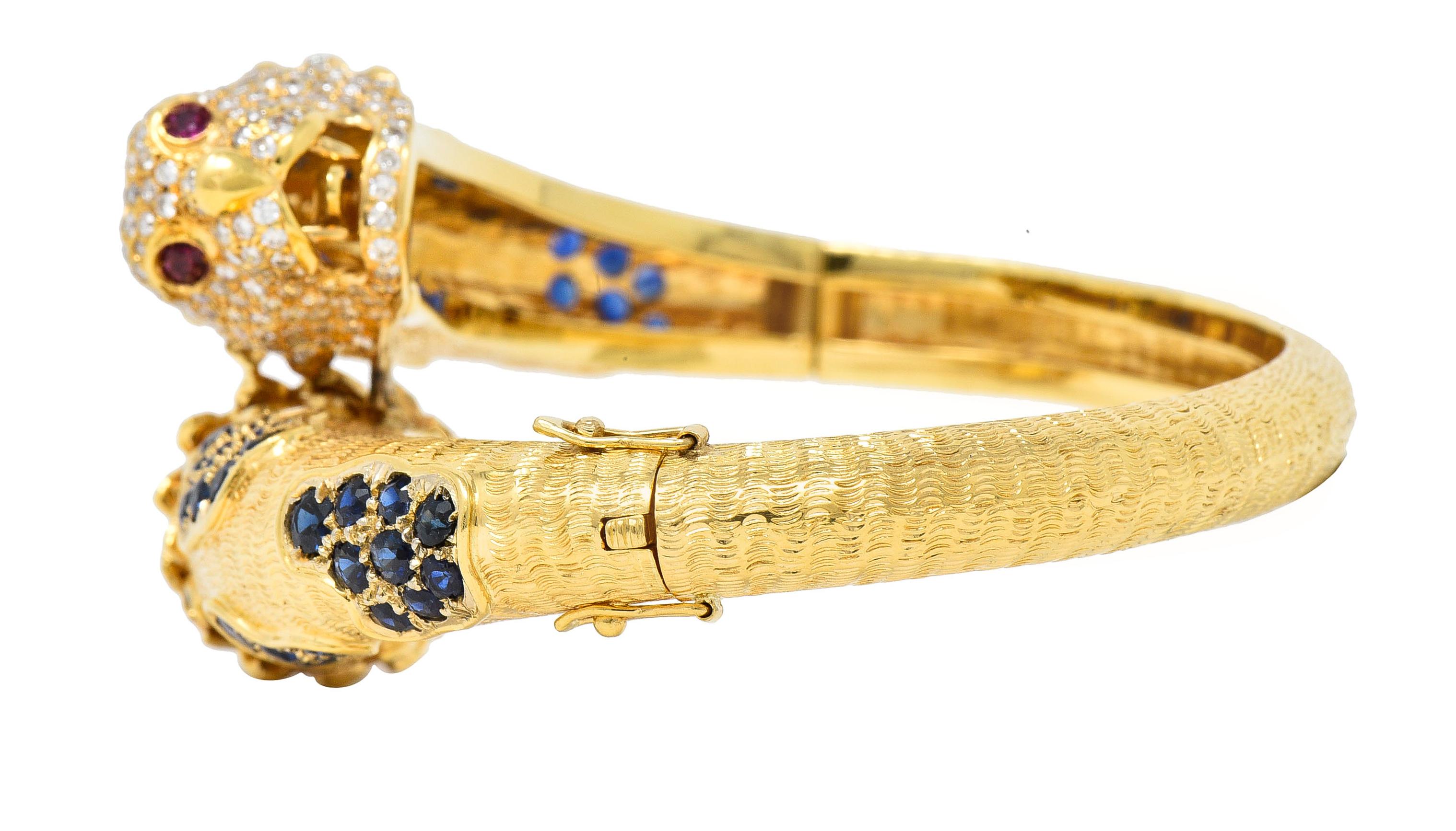 Women's or Men's 9.48 CTW Sapphire Ruby Diamond 18 Karat Yellow Gold Lion-Head Vintage Bracelet