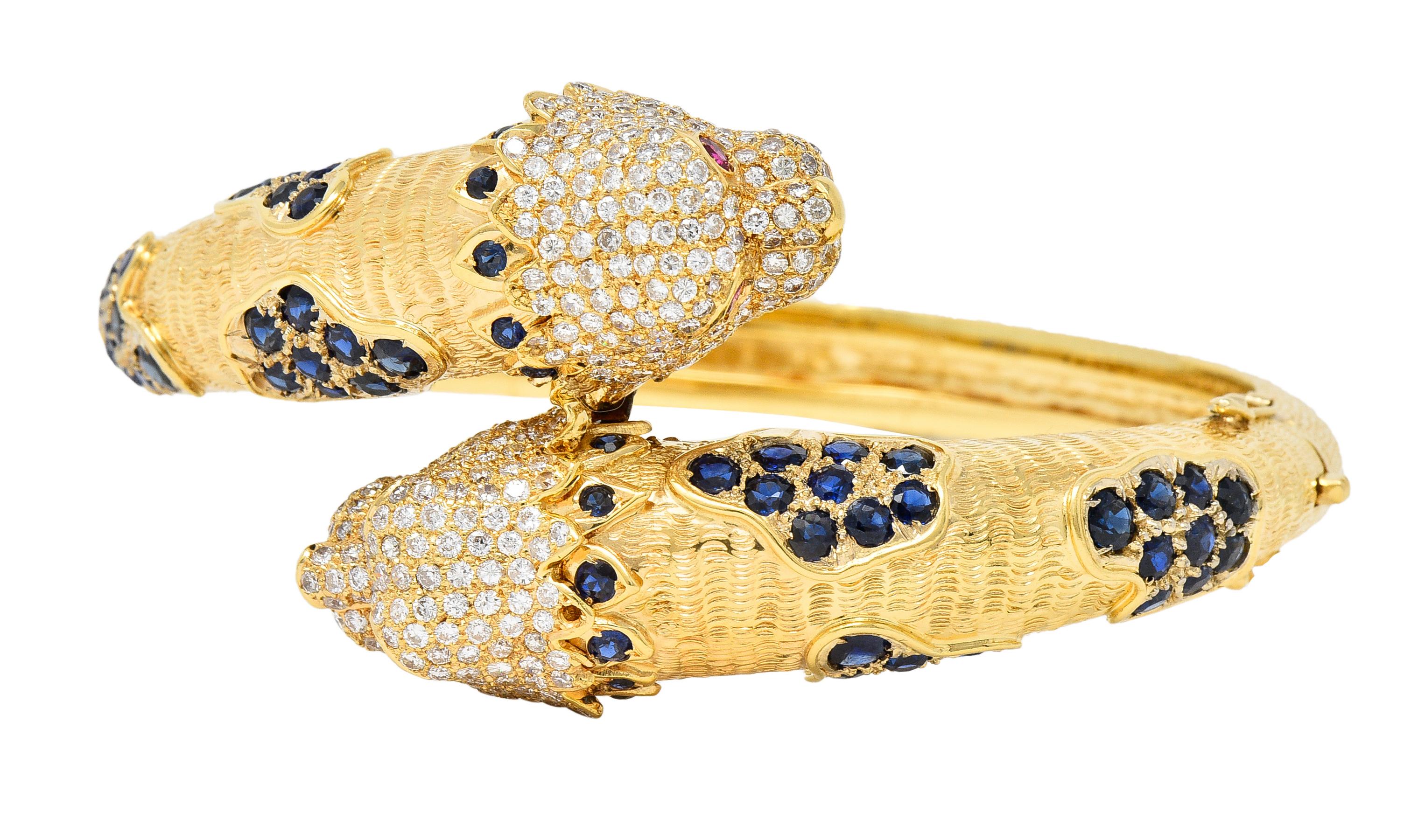 9.48 CTW Sapphire Ruby Diamond 18 Karat Yellow Gold Lion-Head Vintage Bracelet 1