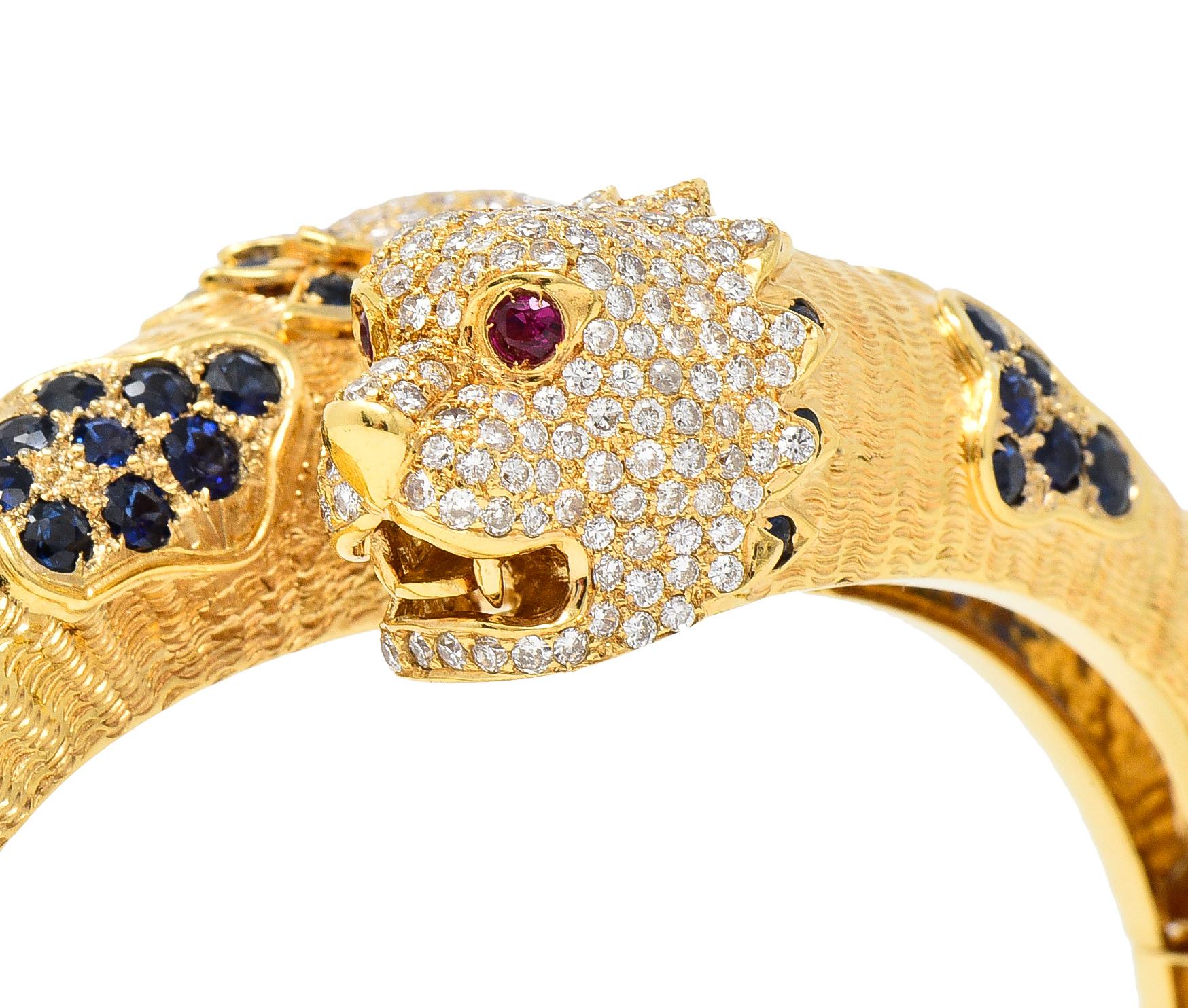 9.48 CTW Sapphire Ruby Diamond 18 Karat Yellow Gold Lion-Head Vintage Bracelet 2