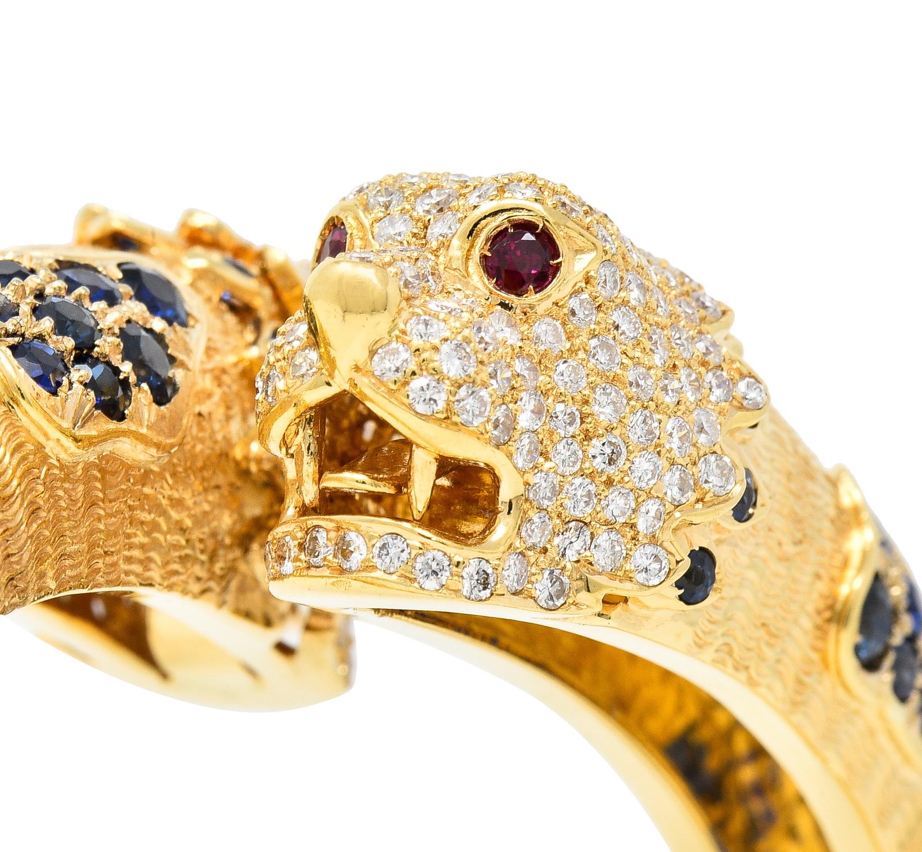 9.48 CTW Sapphire Ruby Diamond 18 Karat Yellow Gold Lion-Head Vintage Bracelet 3