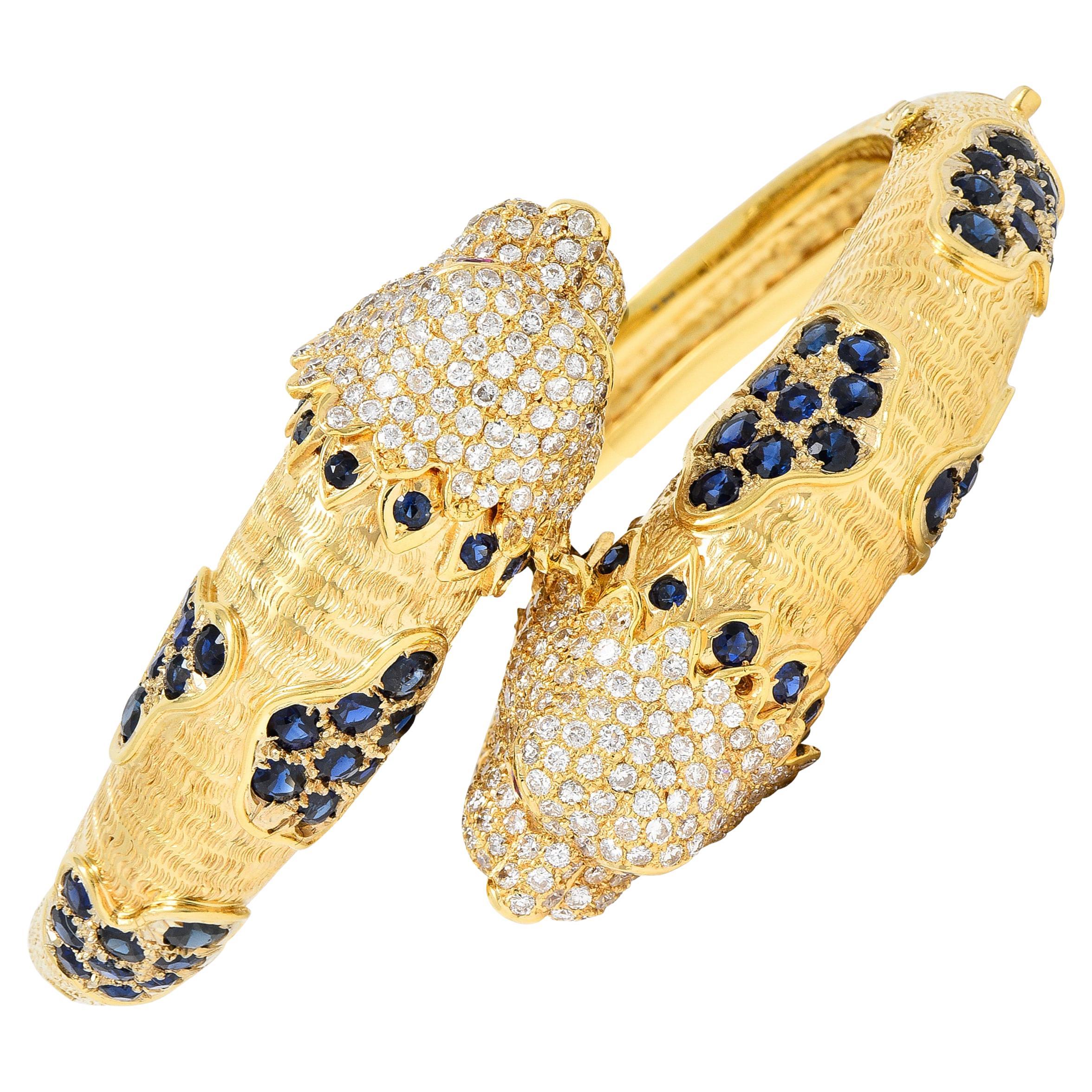 9.48 CTW Sapphire Ruby Diamond 18 Karat Yellow Gold Lion-Head Vintage Bracelet