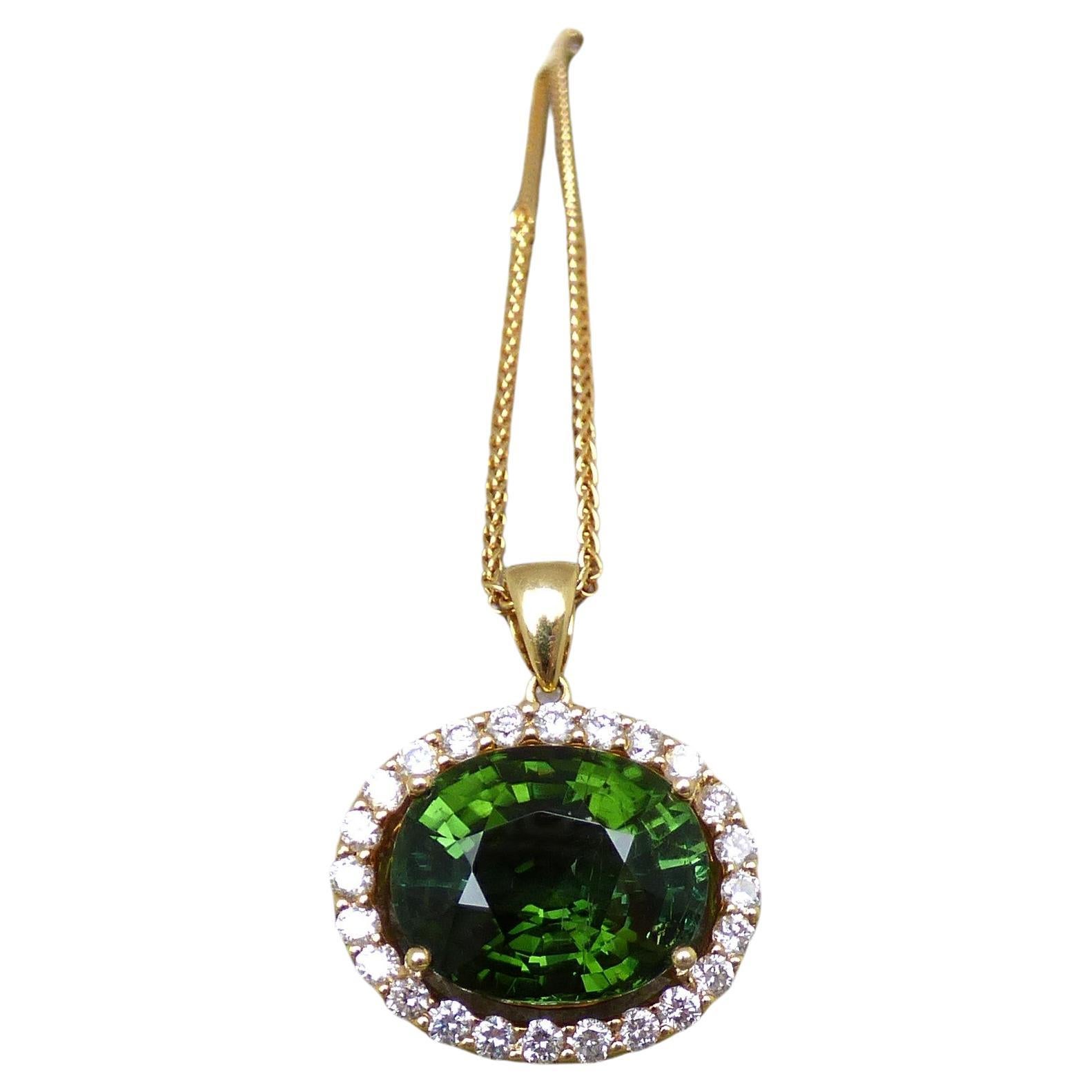 9.48ct Oval cut Green Tourmaline and Diamond Pendant in 18K Gold For Sale