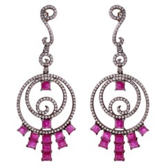 9.49 Carat Diamond and Ruby Victorian Style Drop Earrings