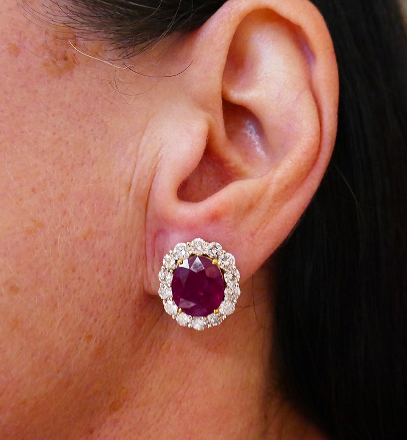 Women's 9.49 Carat No Heat Burmese Ruby Diamond Gold Earrings For Sale