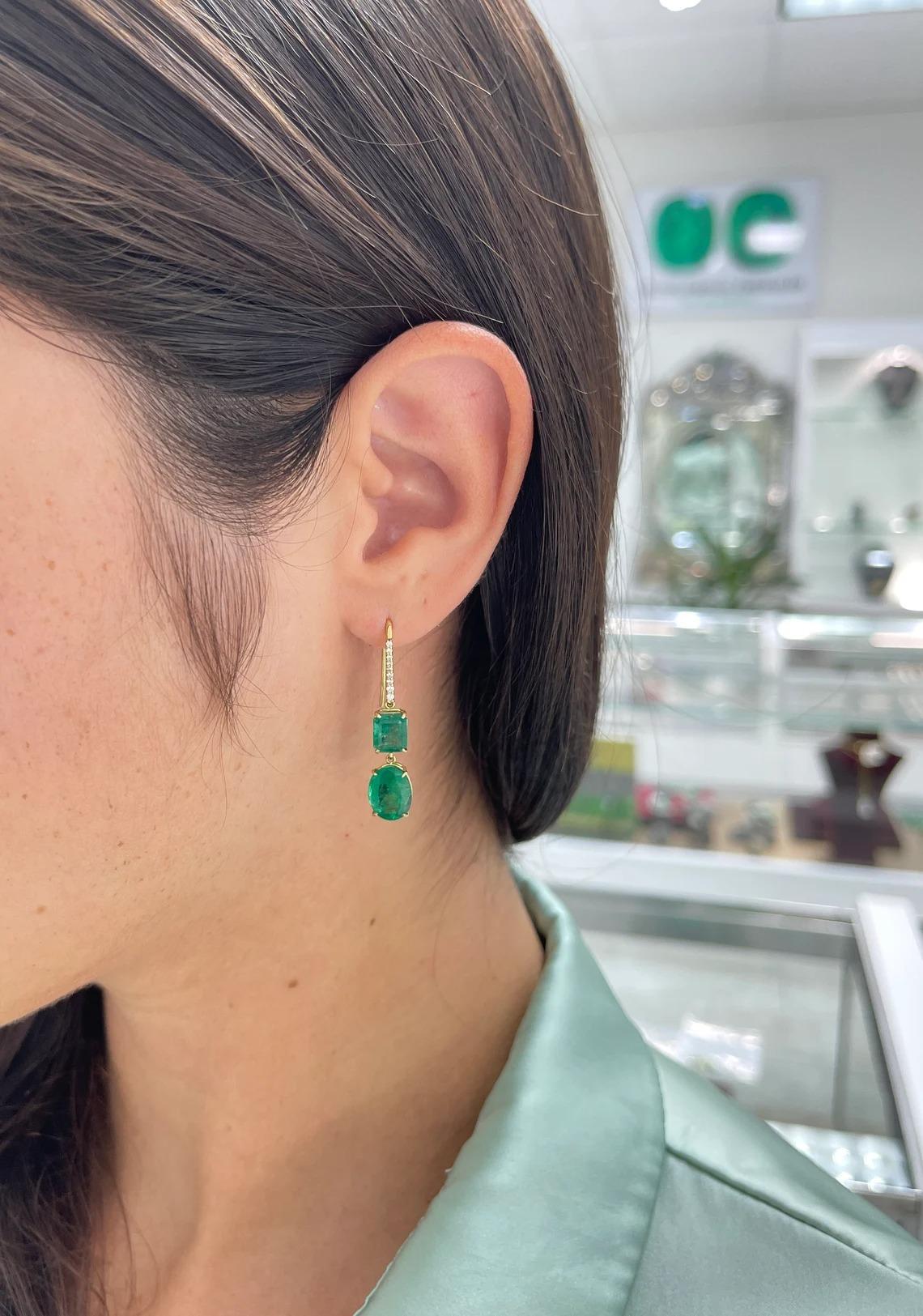 Women's 9.49tcw 18K Fine Quality Emerald Cut & Oval Emerald & Diamond Dangle Earrings For Sale