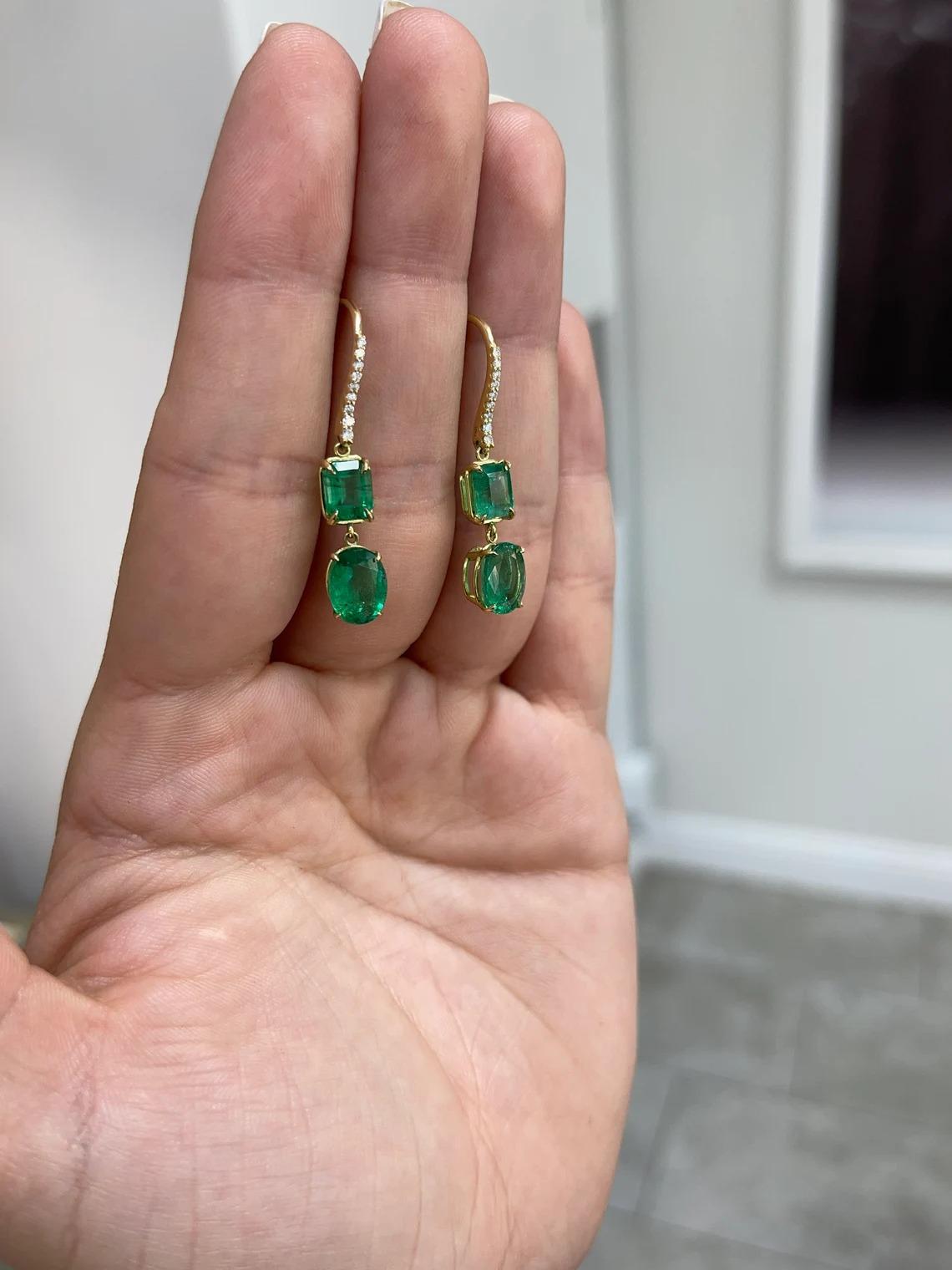 9.49tcw 18K Fine Quality Emerald Cut & Oval Emerald & Diamond Dangle Earrings For Sale 1