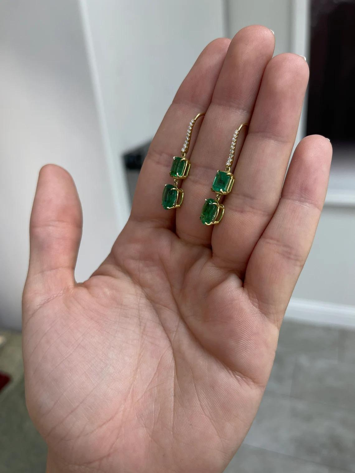 9.49tcw 18K Fine Quality Emerald Cut & Oval Emerald & Diamond Dangle Earrings For Sale 2