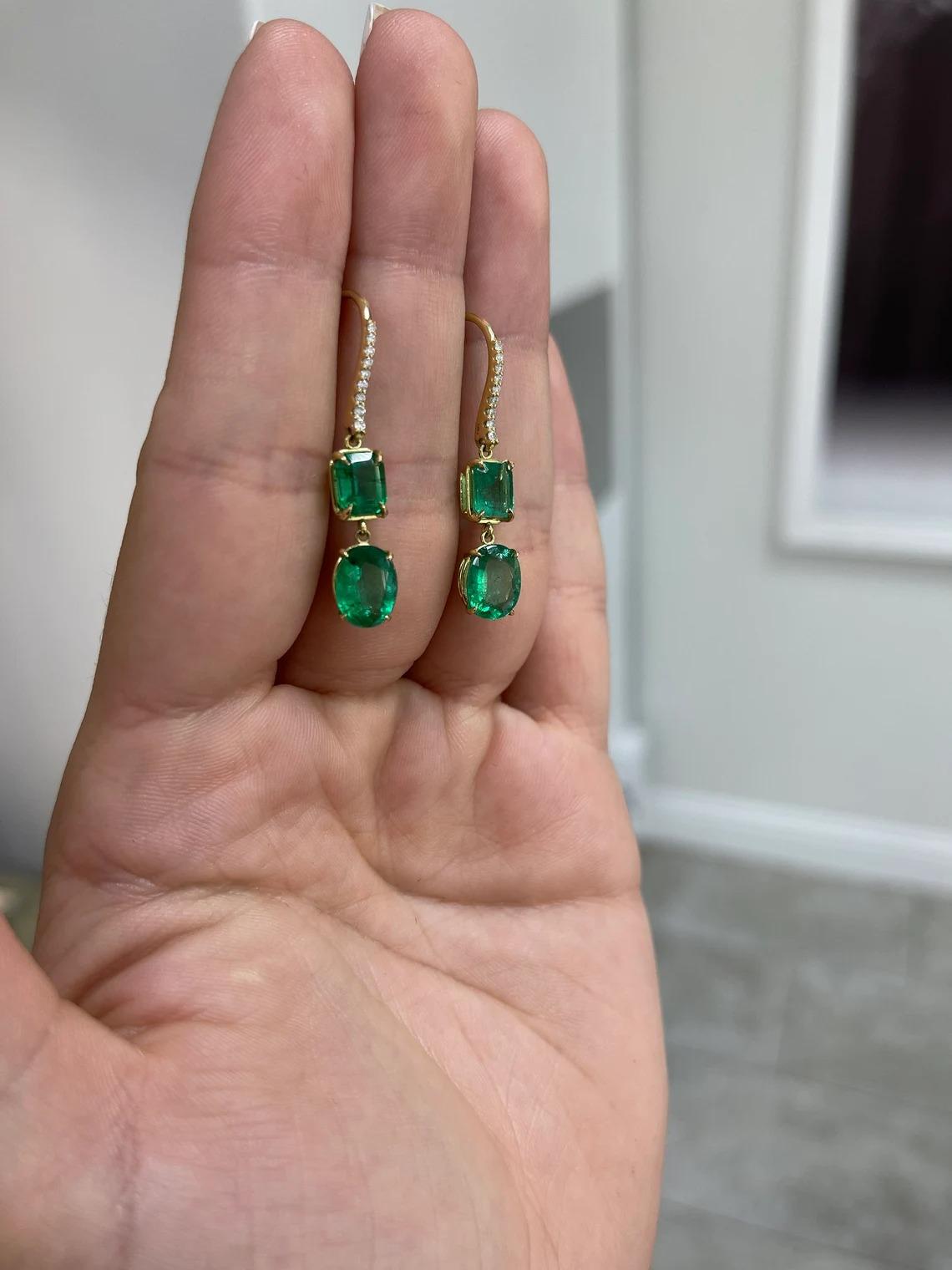 9.49tcw 18K Fine Quality Emerald Cut & Oval Emerald & Diamond Dangle Earrings For Sale 3