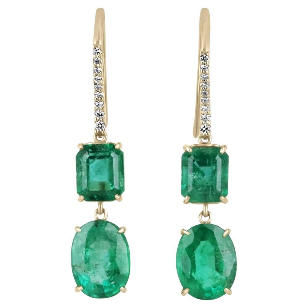 9.49tcw 18K Fine Quality Emerald Cut & Oval Emerald & Diamond Dangle Earrings For Sale